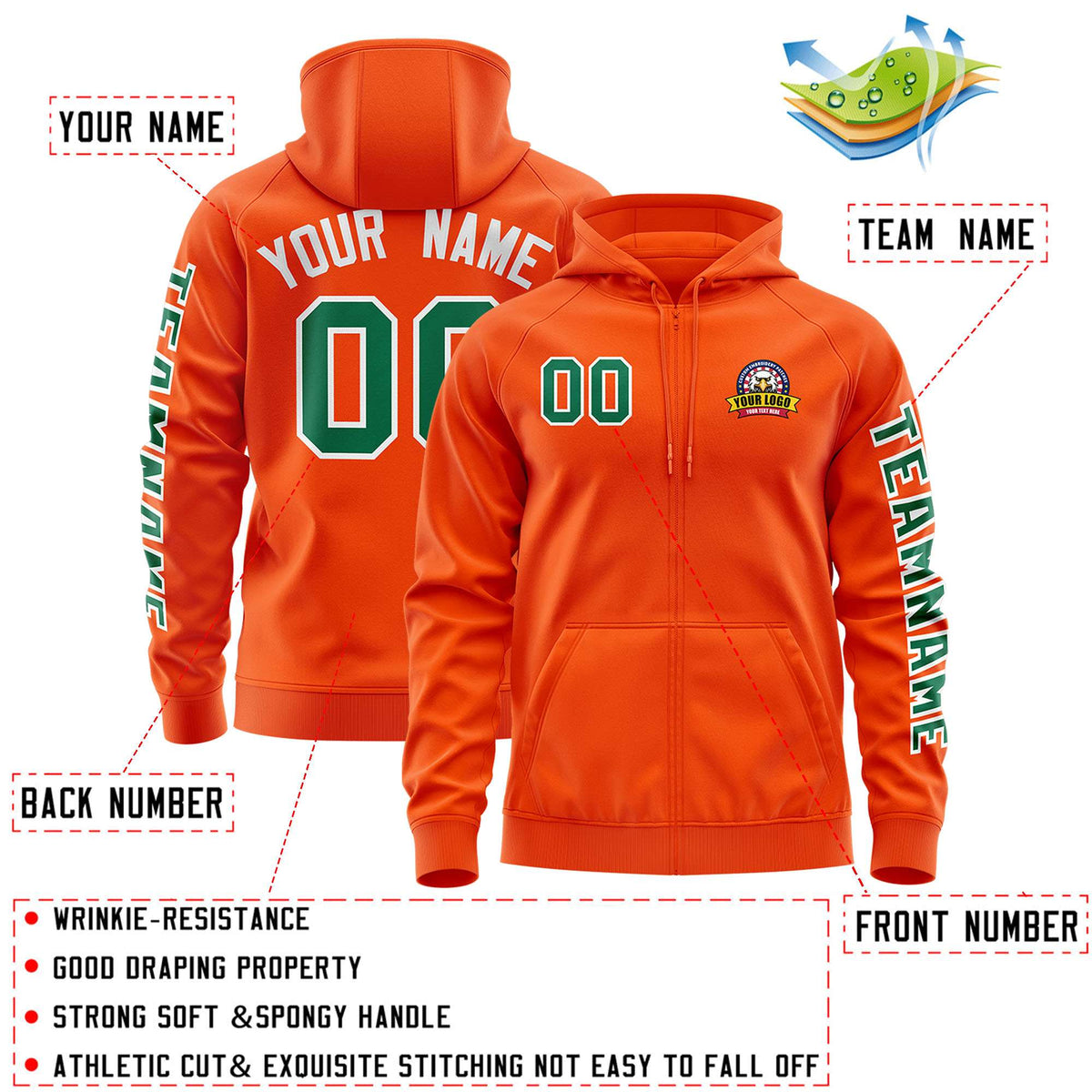 Custom Orange Kelly Green Varsity Full-Zip Letterman Classic Jacket Hoodie| KXKSHOP