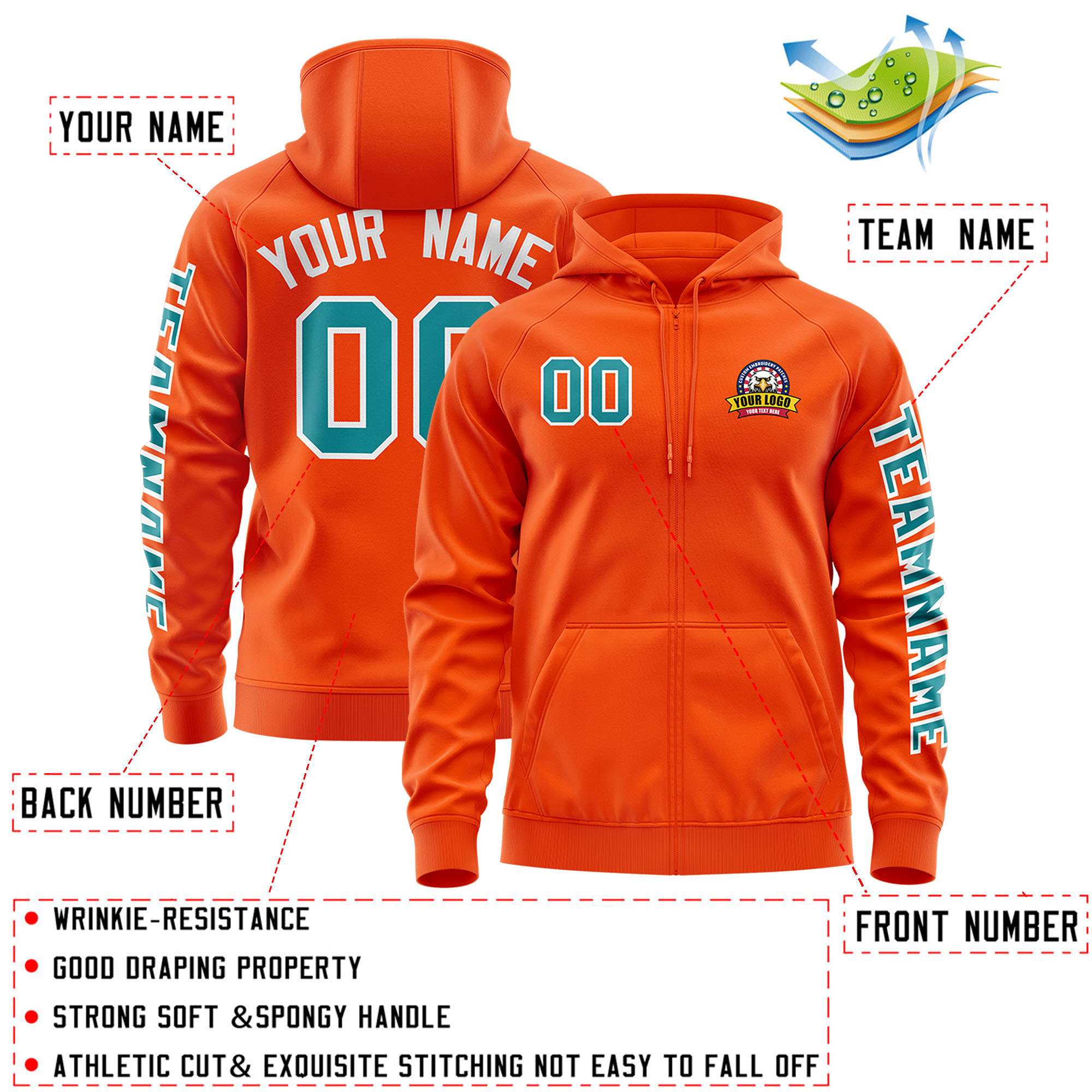 Custom Orange Aqua Varsity Full-Zip Letterman Classic Jacket Hoodie| KXKSHOP