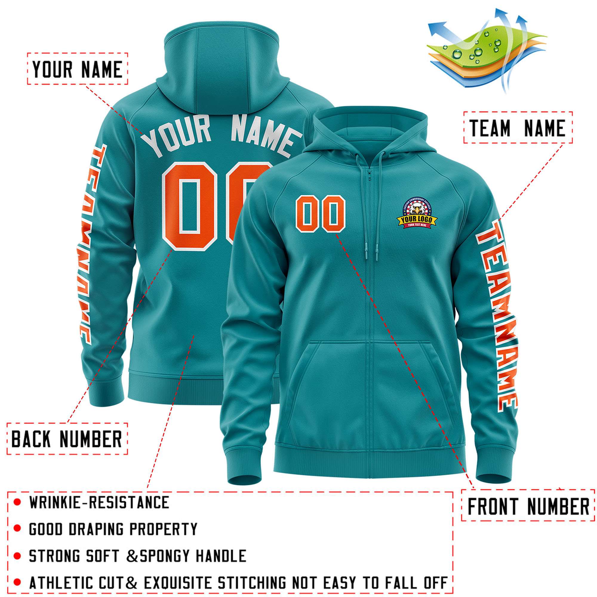 Custom Aqua Orange Varsity Full-Zip Letterman Classic Jacket Hoodie| KXKSHOP