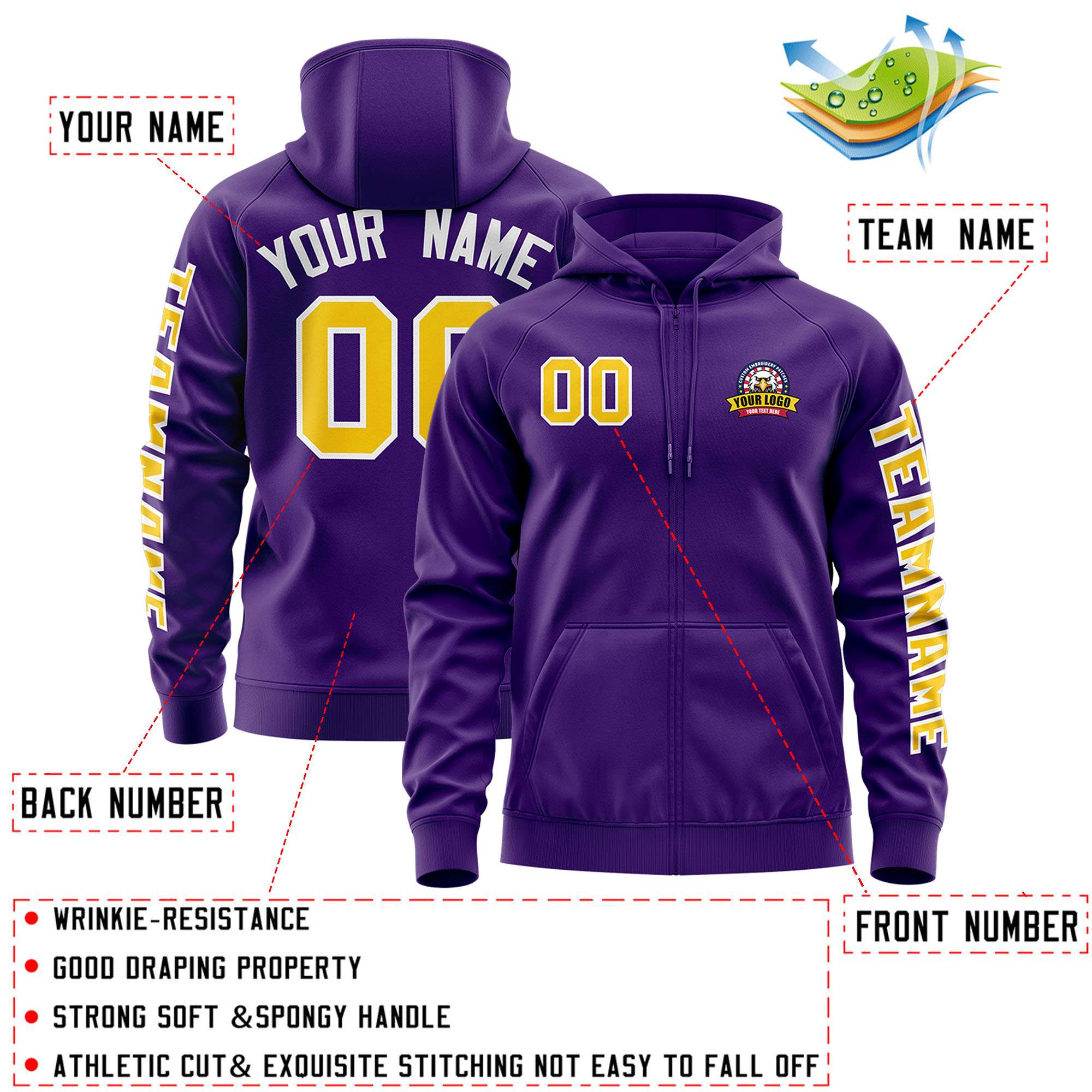 Custom Purple Gold Varsity Full-Zip Letterman Classic Jacket Hoodie| KXKSHOP