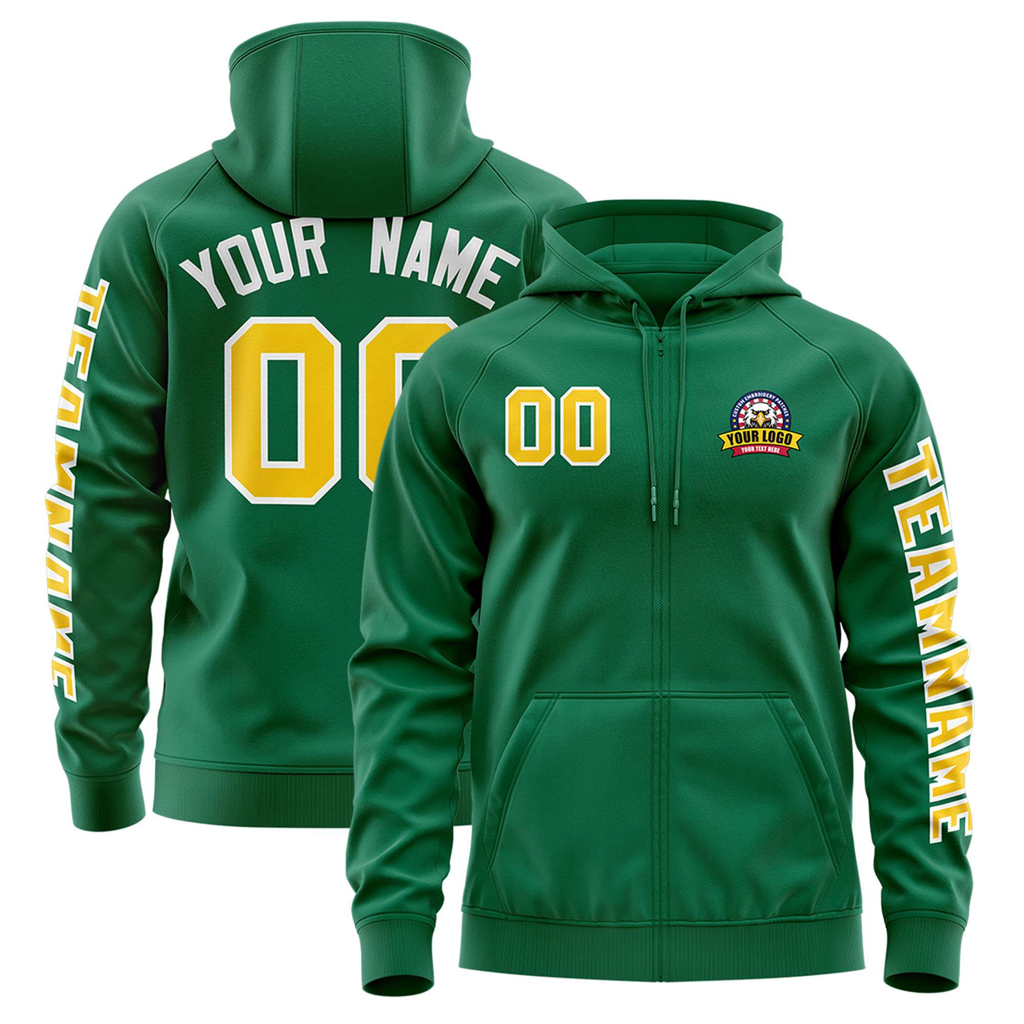 Custom Kelly Green Gold Varsity Full-Zip Letterman Classic Jacket Hoodie| KXKSHOP