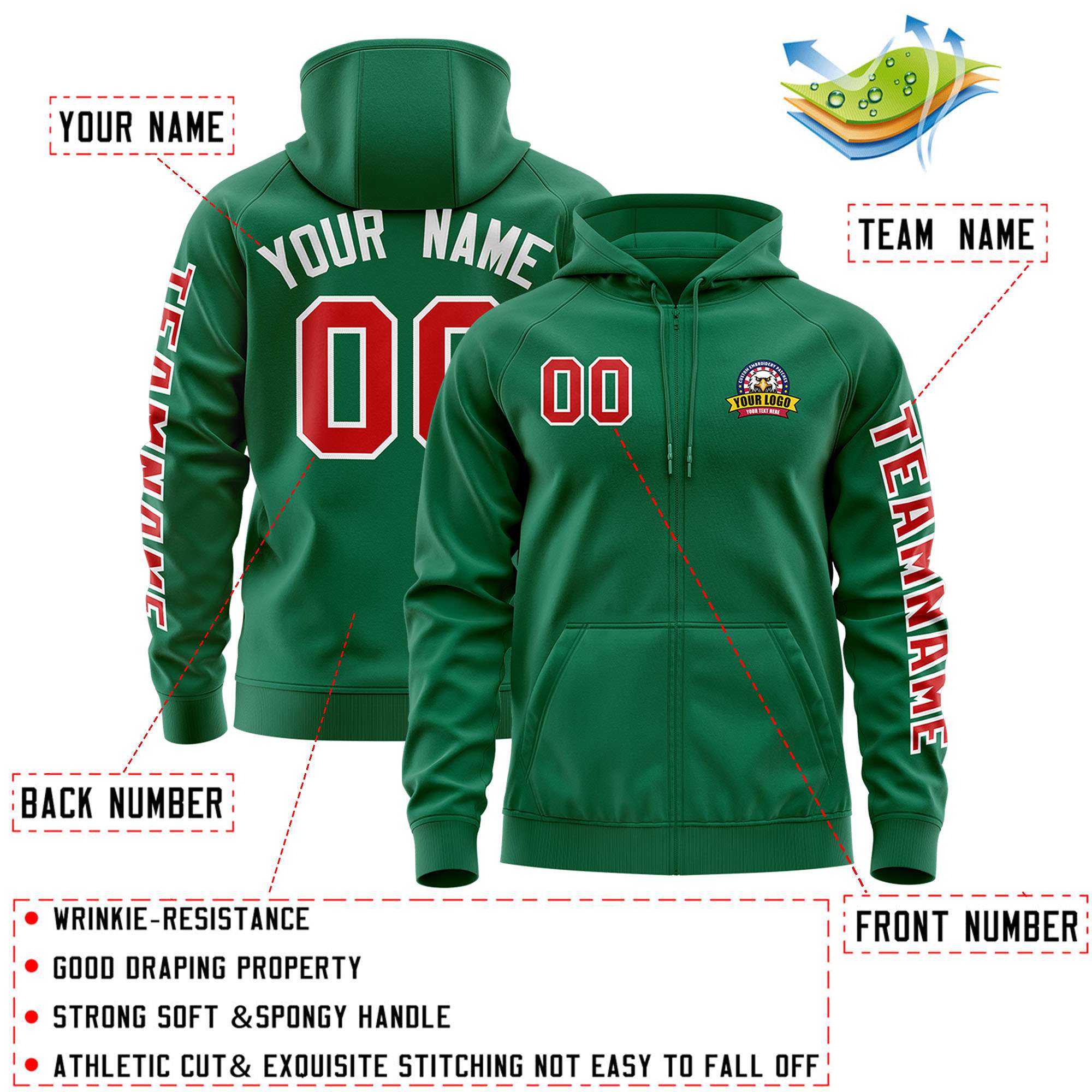 Custom Kelly Green Red Varsity Full-Zip Letterman Classic Jacket Hoodie| KXKSHOP