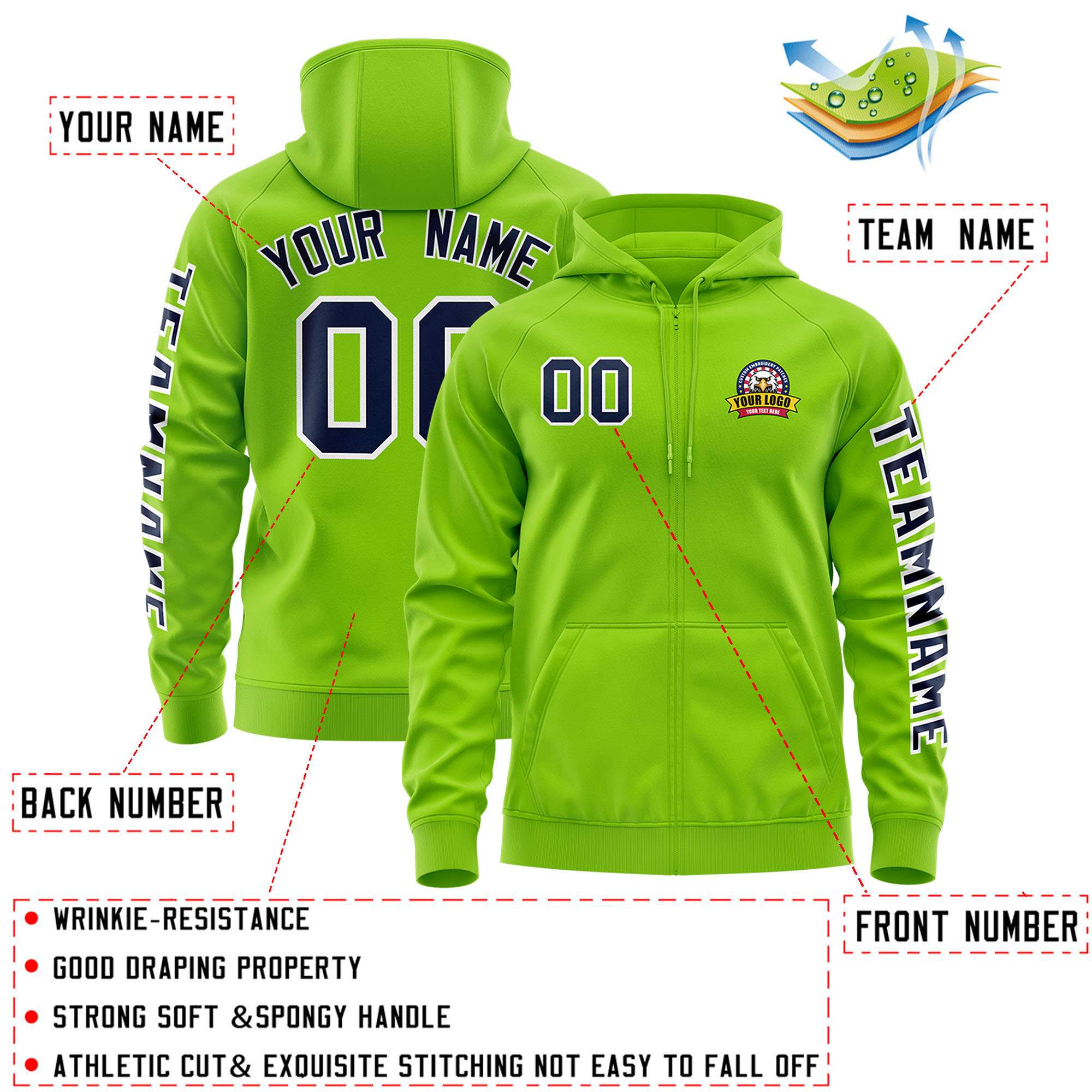 Custom Neon Green Navy Varsity Full-Zip Letterman Classic Jacket Hoodie| KXKSHOP