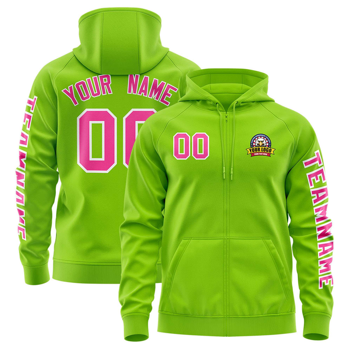 Custom Neon Green Pink Varsity Full-Zip Letterman Classic Jacket Hoodie| KXKSHOP