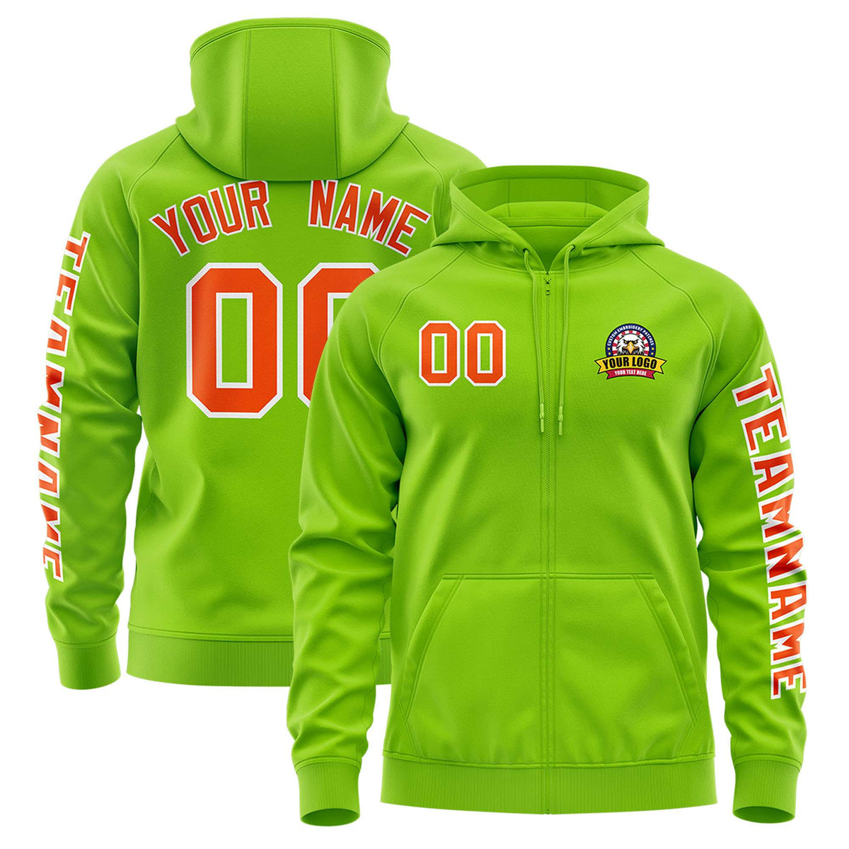Custom Neon Green Orange Varsity Full-Zip Letterman Classic Jacket Hoodie| KXKSHOP