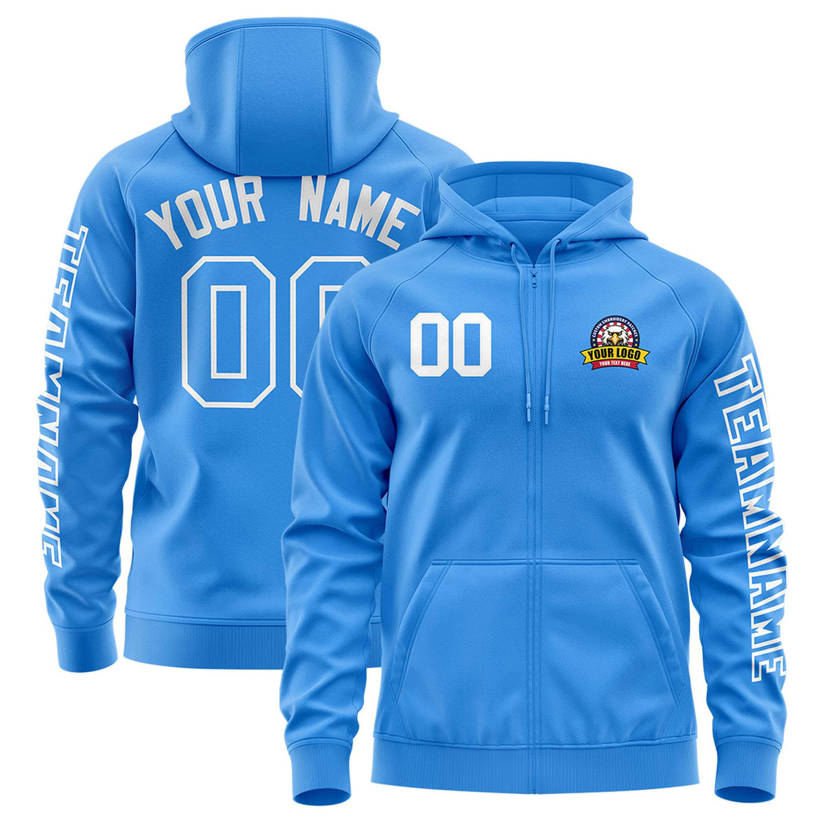 Custom Powder Blue White Varsity Full-Zip Letterman Classic Jacket Hoodie| KXKSHOP
