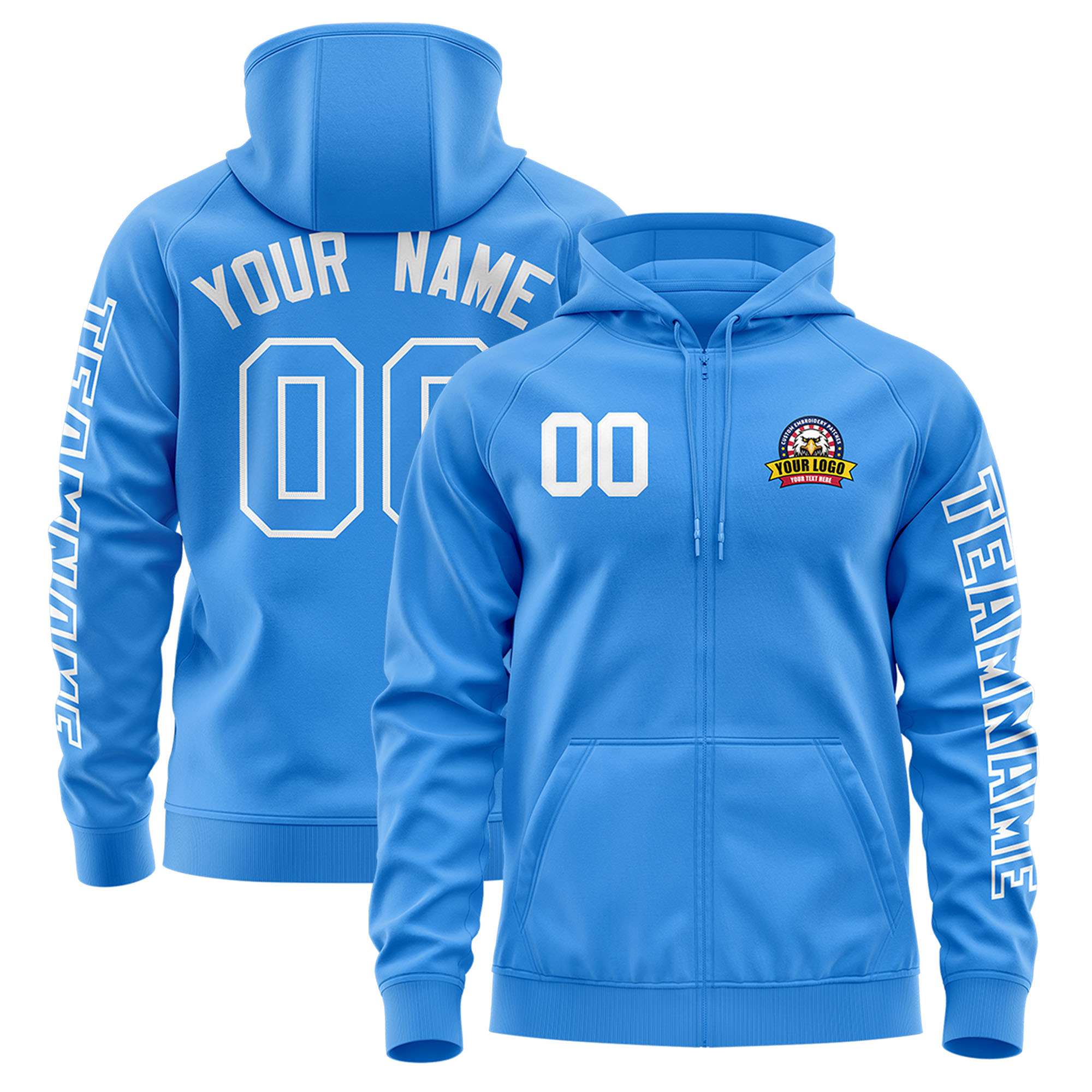 Custom Powder Blue White Varsity Full-Zip Letterman Classic Jacket Hoodie| KXKSHOP