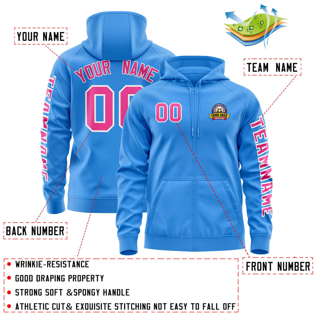 Custom Powder Blue Pink Varsity Full-Zip Letterman Classic Jacket Hoodie| KXKSHOP