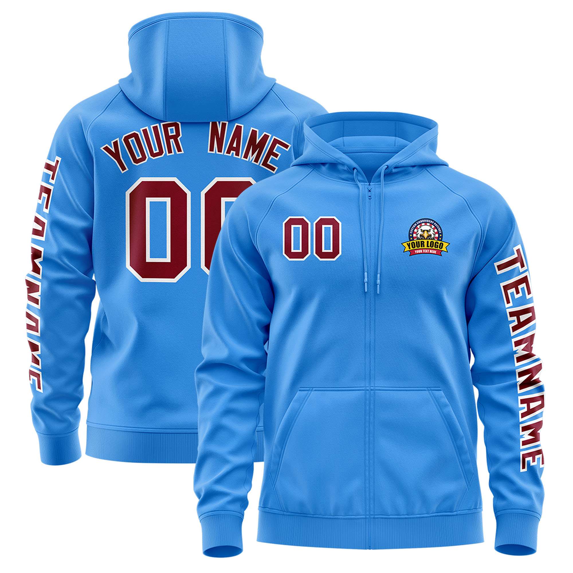 Custom Powder Blue Crimson Varsity Full-Zip Letterman Classic Jacket Hoodie| KXKSHOP