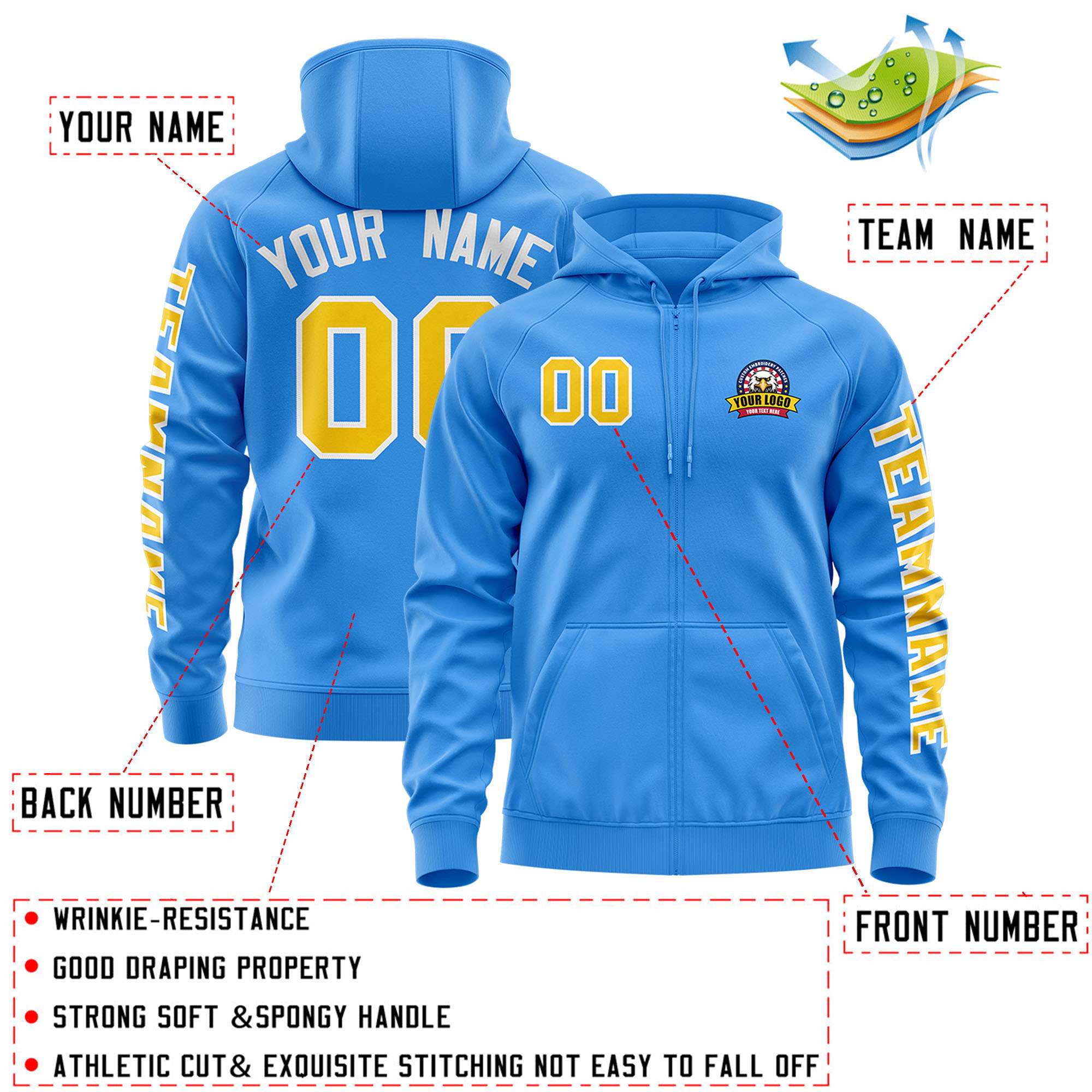 Custom Powder Blue Gold Varsity Full-Zip Letterman Classic Jacket Hoodie| KXKSHOP