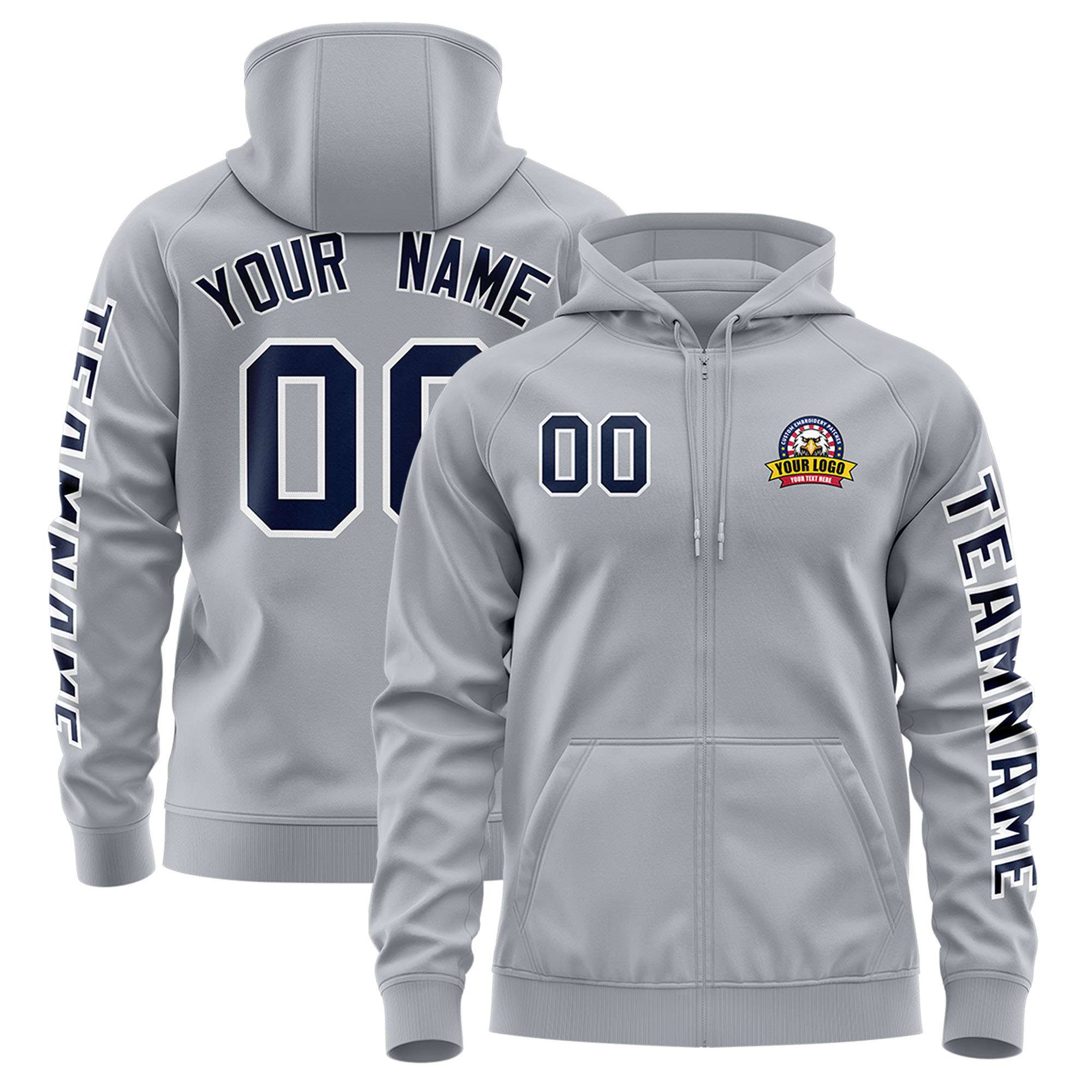 Custom Gray Navy Varsity Full-Zip Letterman Classic Jacket Hoodie| KXKSHOP