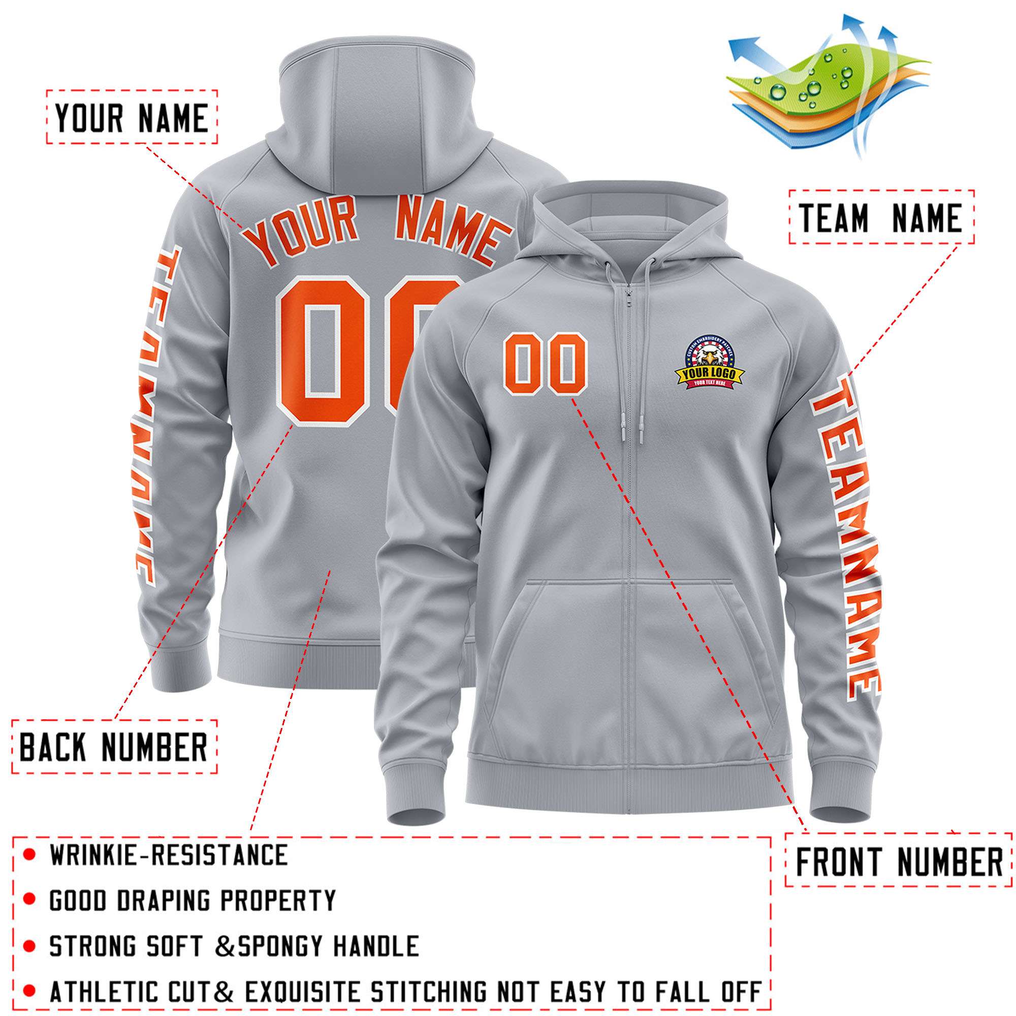 Custom Gray Orange Varsity Full-Zip Letterman Classic Jacket Hoodie| KXKSHOP