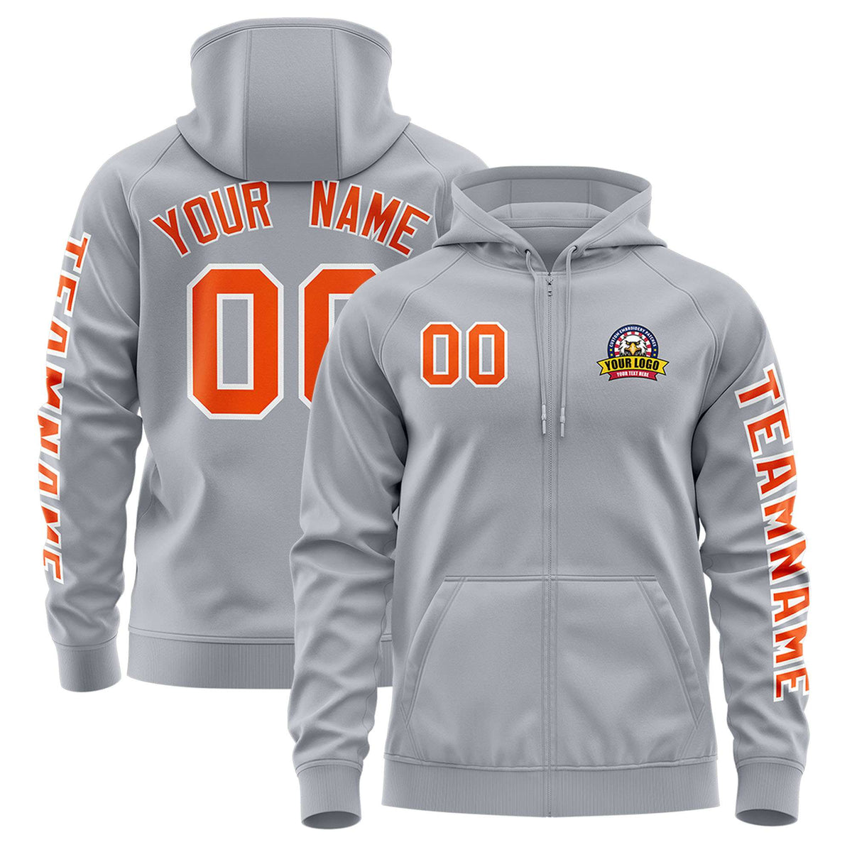 Custom Gray Orange Varsity Full-Zip Letterman Classic Jacket Hoodie| KXKSHOP
