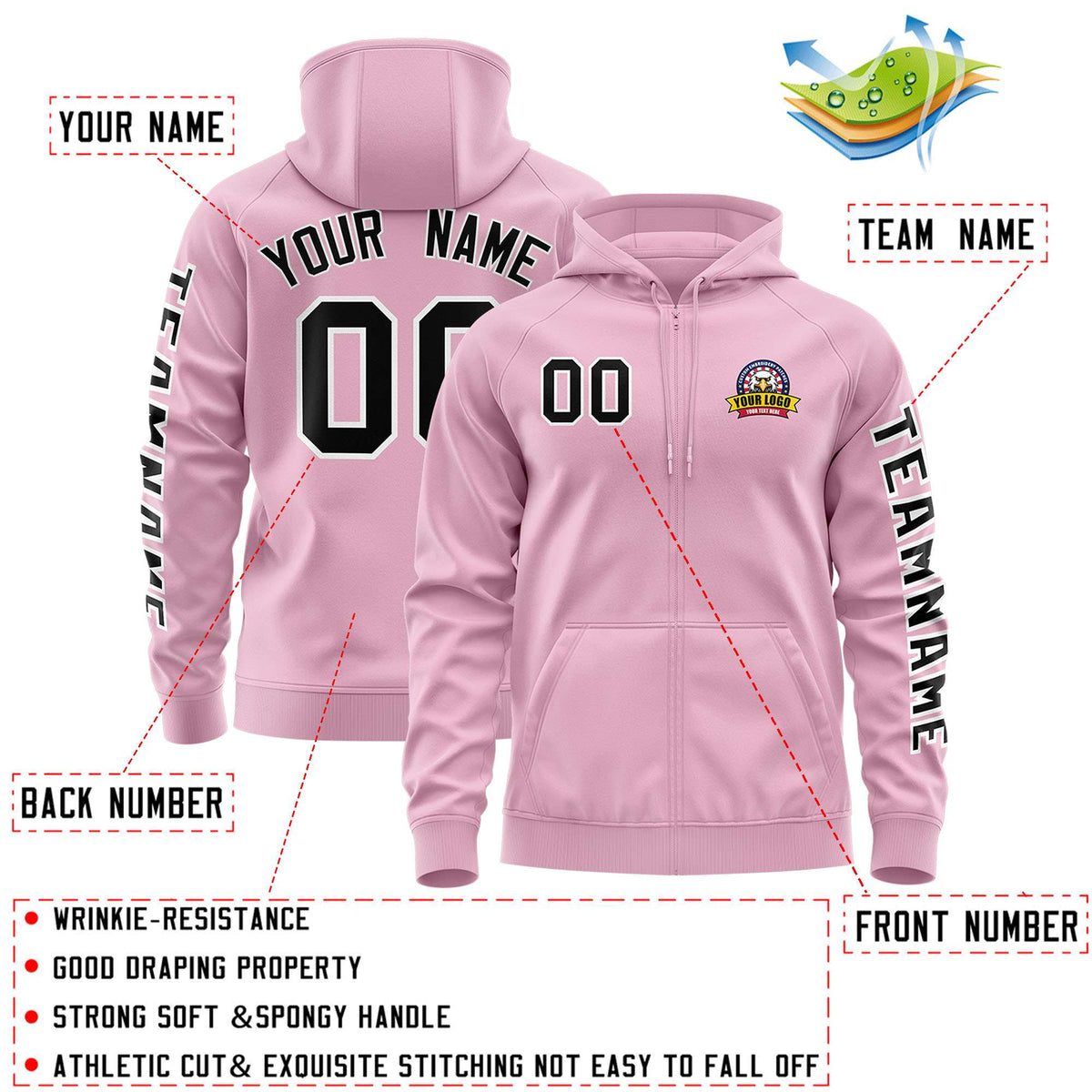 Custom Light Pink Black Varsity Full-Zip Letterman Classic Jacket Hoodie| KXKSHOP
