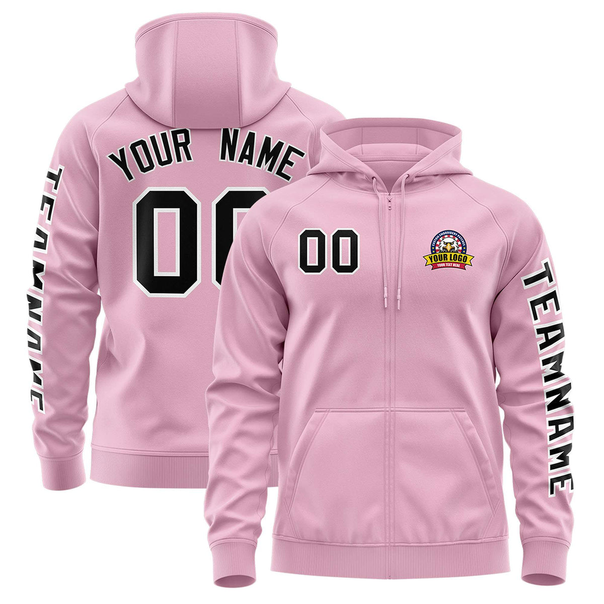 Custom Light Pink Black Varsity Full-Zip Letterman Classic Jacket Hoodie| KXKSHOP