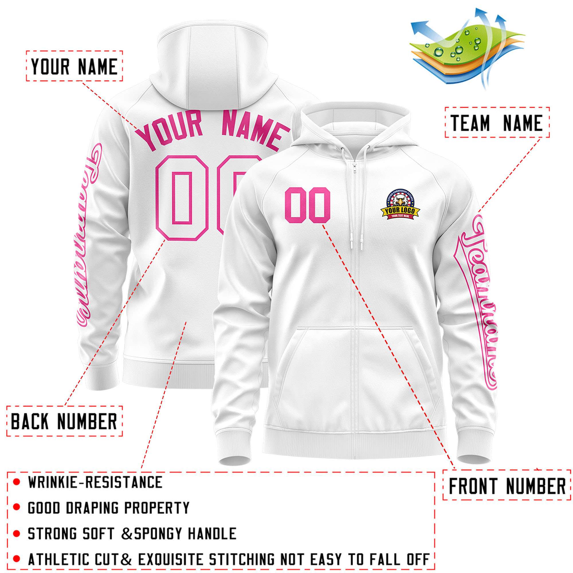 Custom White Pink Varsity Full-Zip Letterman Classic Jacket Hoodie| KXKSHOP