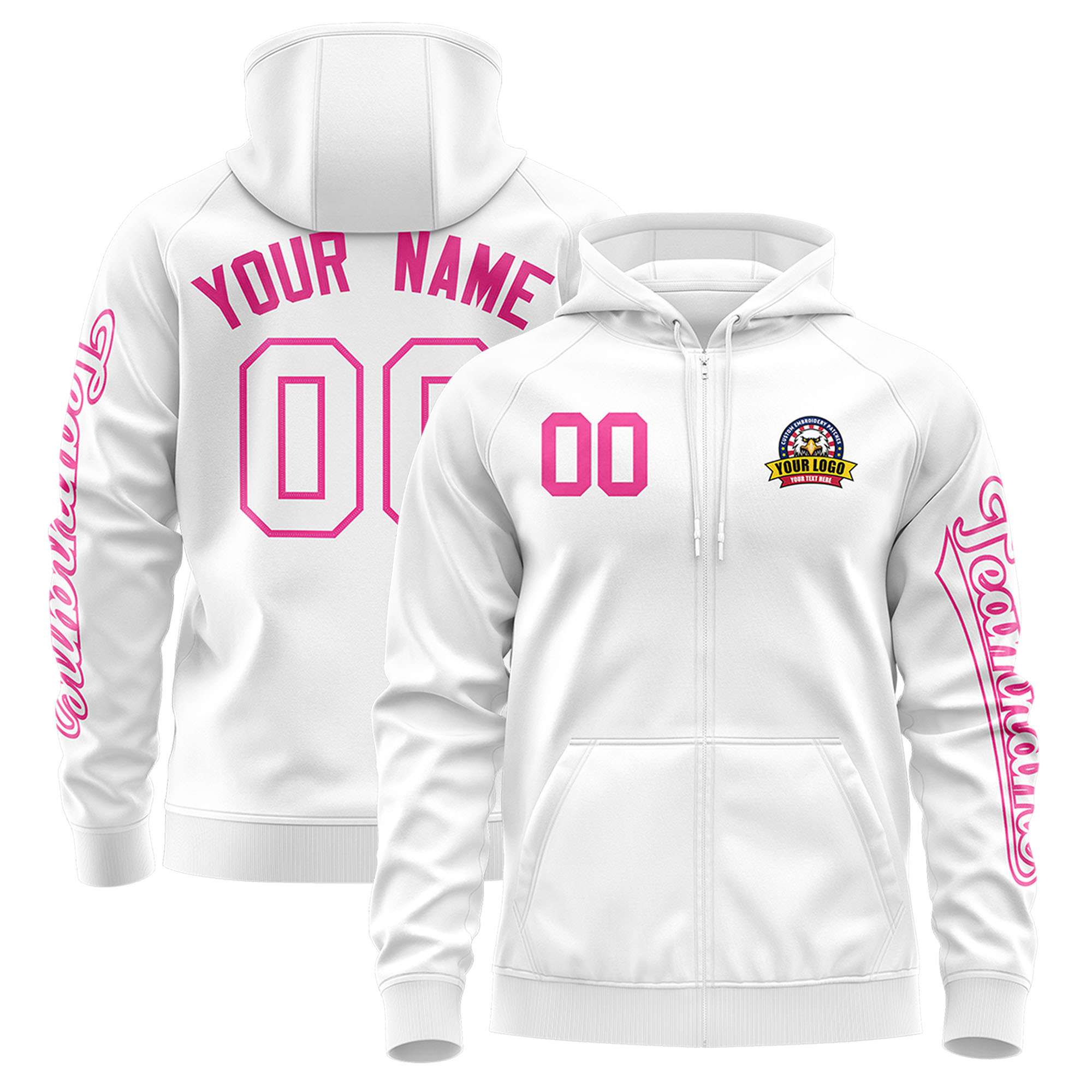 Custom White Pink Varsity Full-Zip Letterman Classic Jacket Hoodie| KXKSHOP