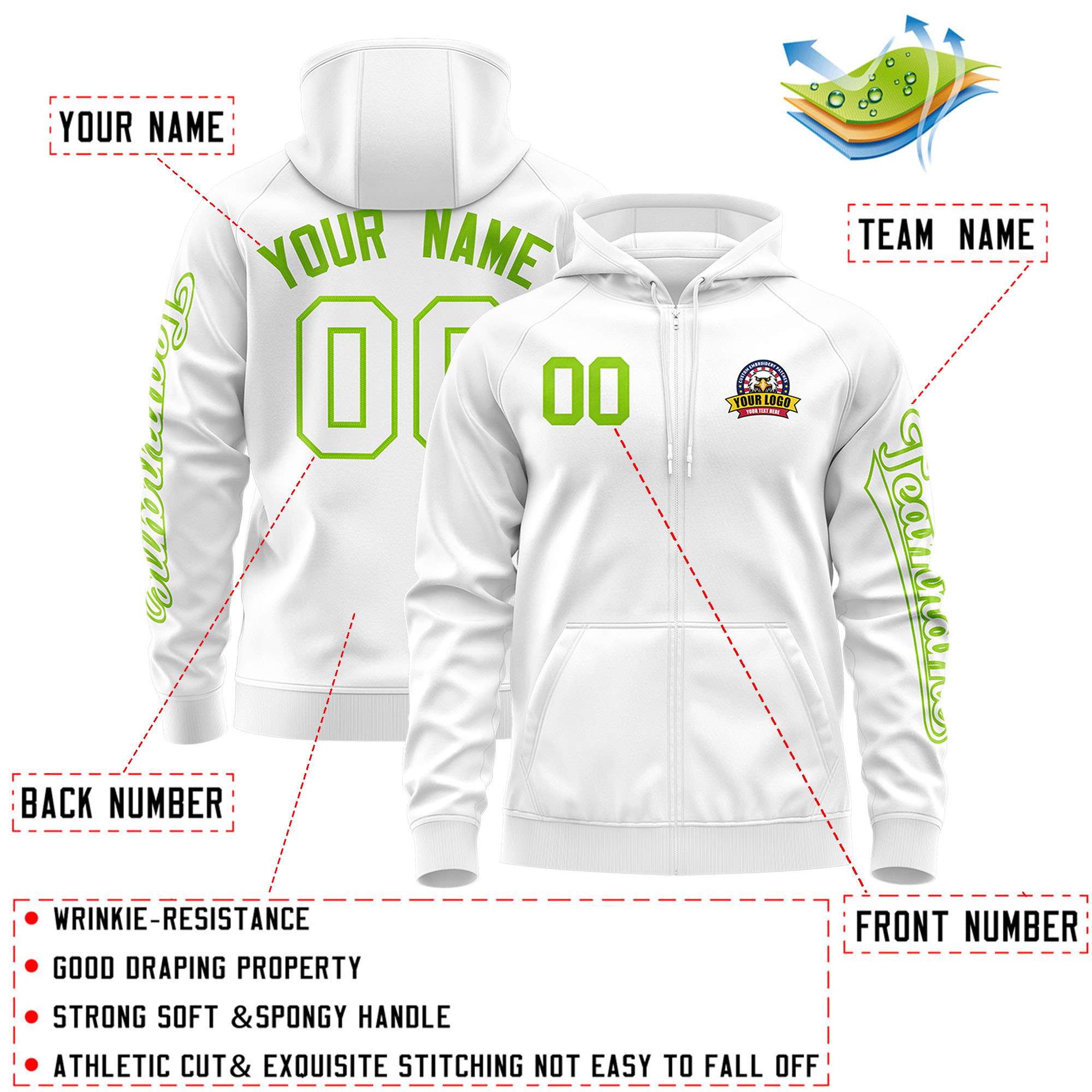 Custom White Neon Green Varsity Full-Zip Letterman Classic Jacket Hoodie| KXKSHOP