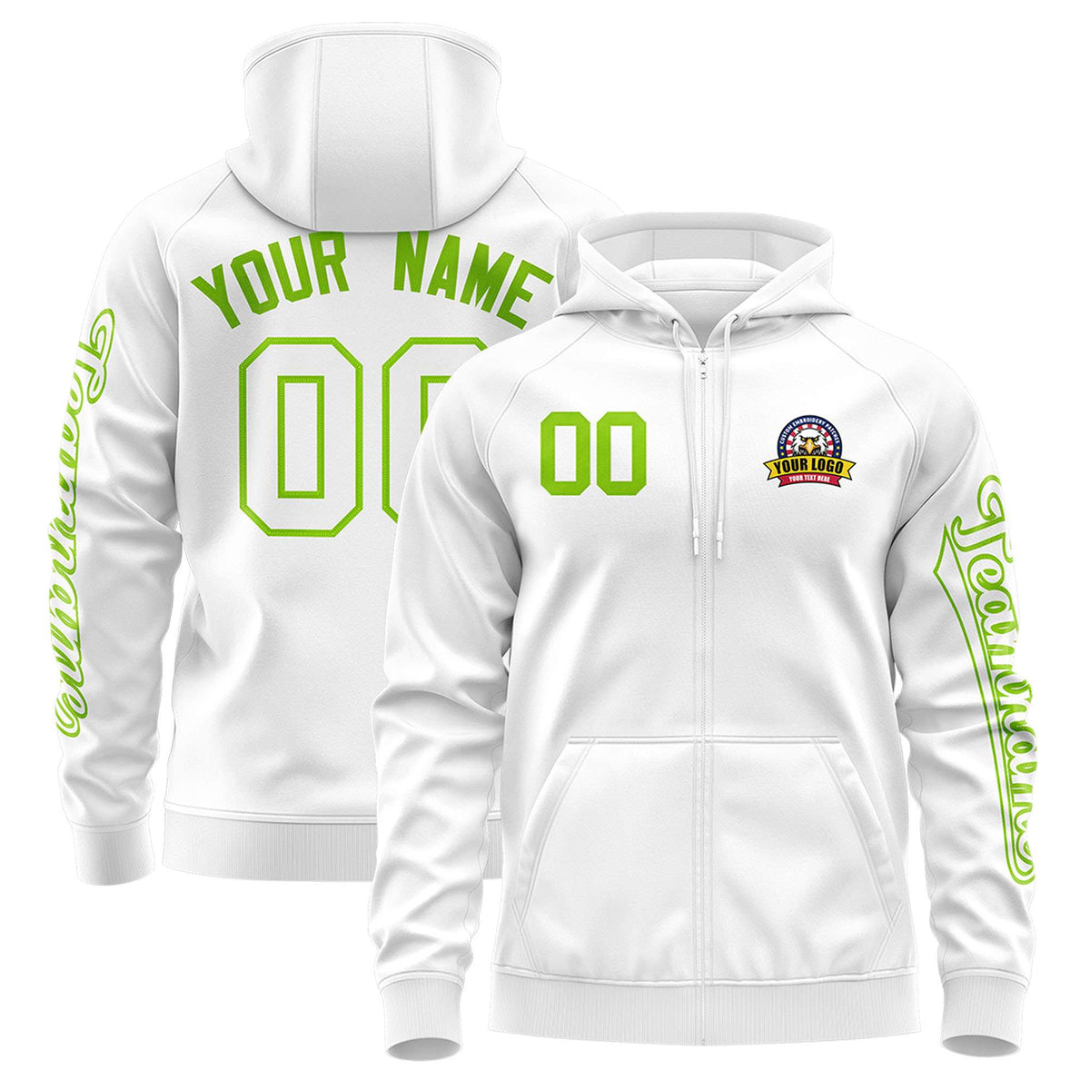 Custom White Neon Green Varsity Full-Zip Letterman Classic Jacket Hoodie| KXKSHOP