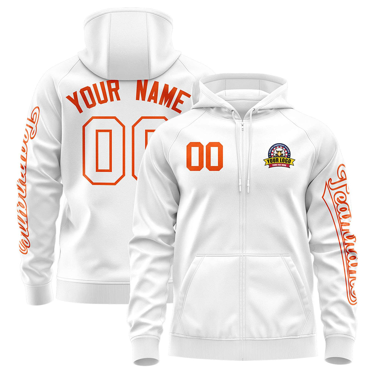 Custom White Orange Varsity Full-Zip Letterman Classic Jacket Hoodie| KXKSHOP