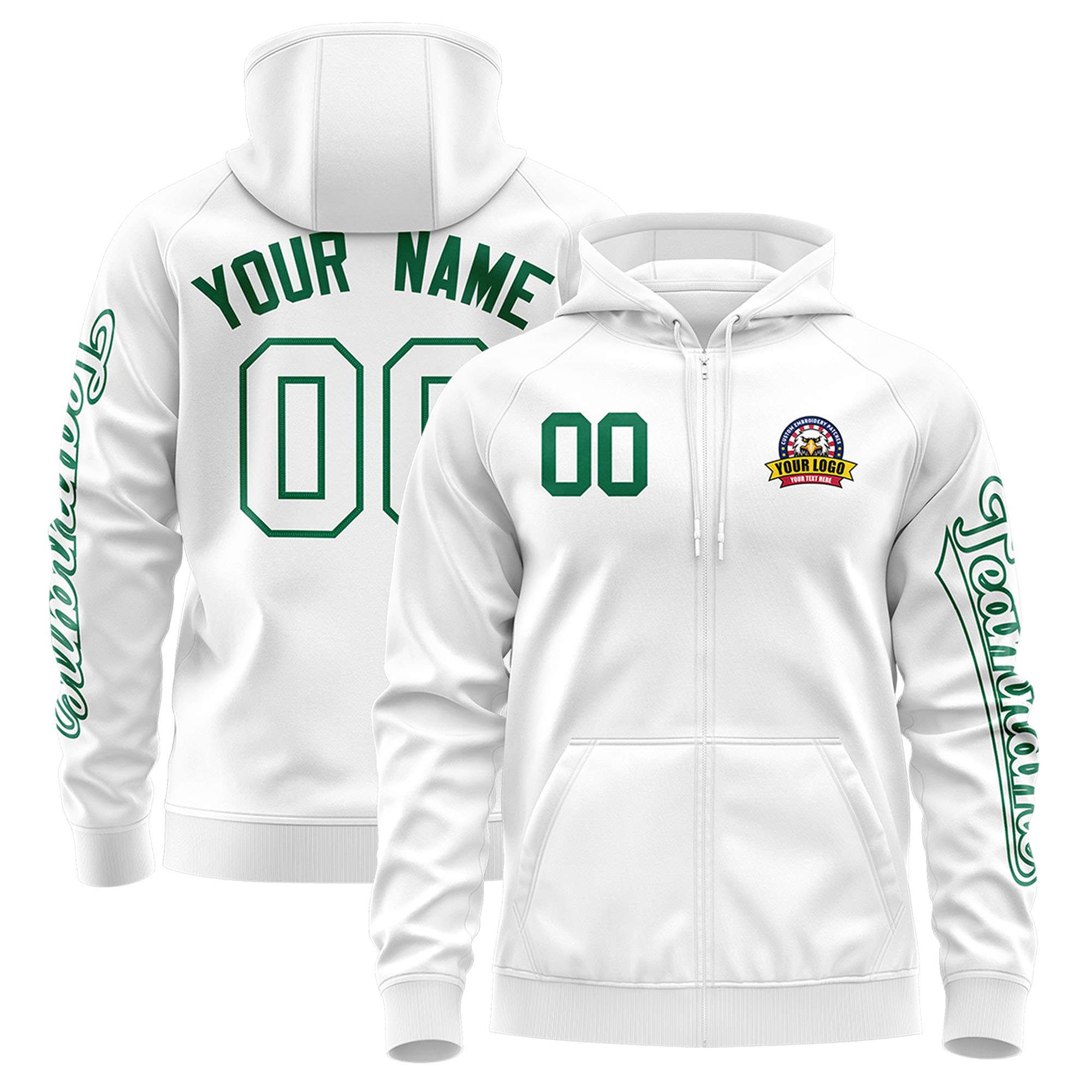 Custom White Kelly Green Varsity Full-Zip Letterman Classic Jacket Hoodie| KXKSHOP