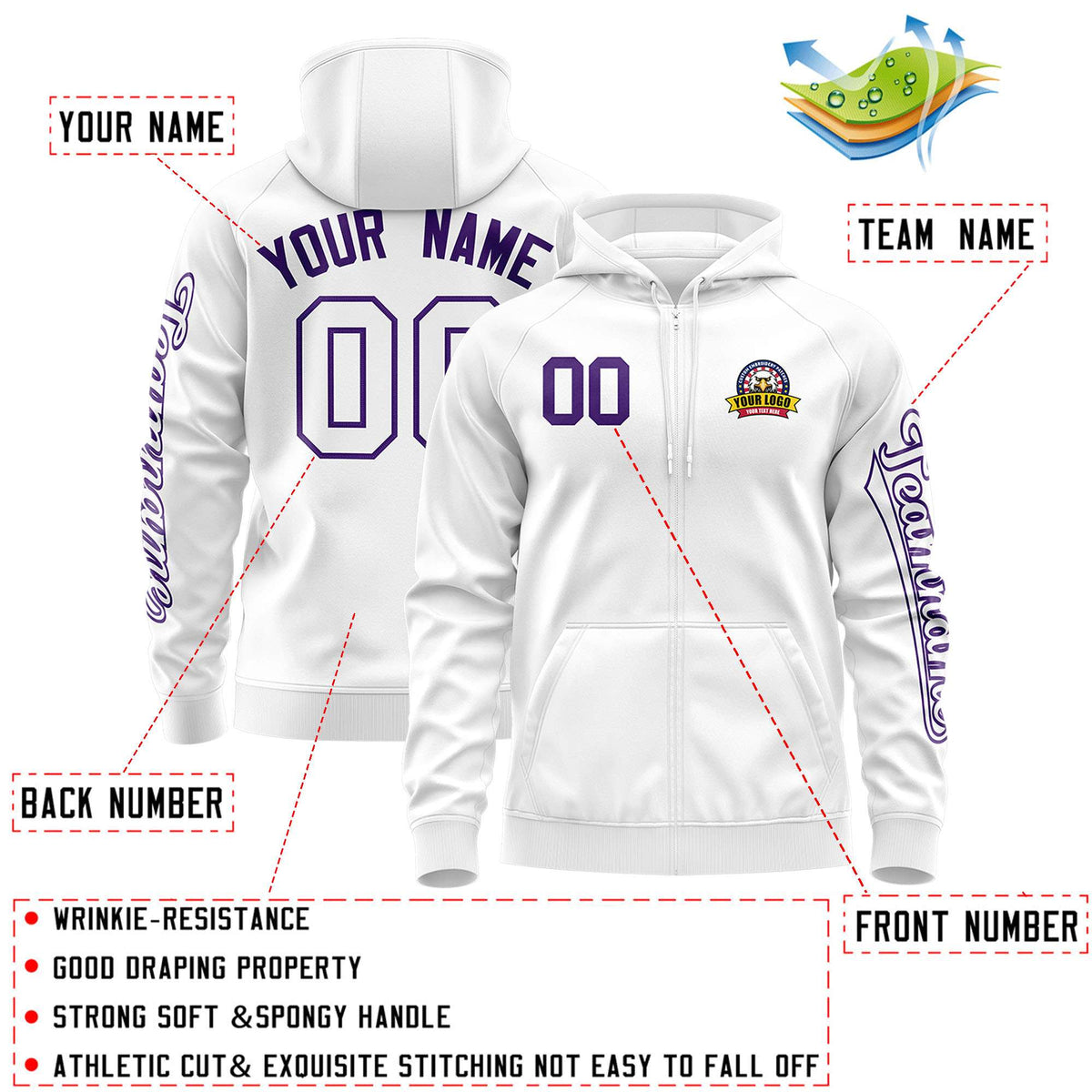 Custom White Purple Varsity Full-Zip Letterman Classic Jacket Hoodie| KXKSHOP