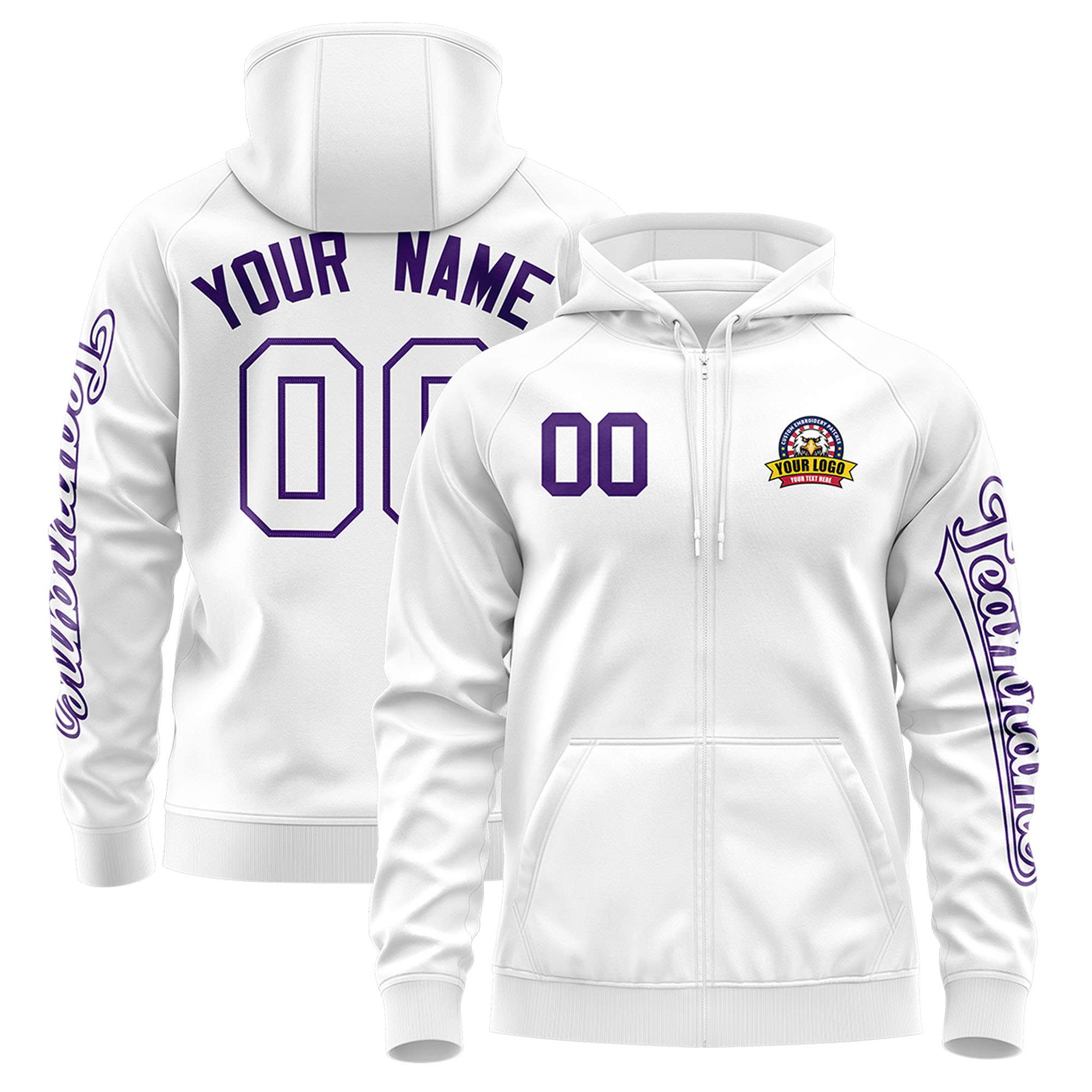 Custom White Purple Varsity Full-Zip Letterman Classic Jacket Hoodie| KXKSHOP