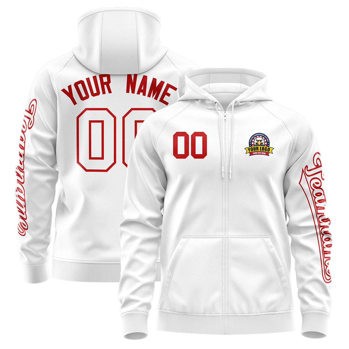 Custom White Red Varsity Full-Zip Letterman Classic Jacket Hoodie| KXKSHOP