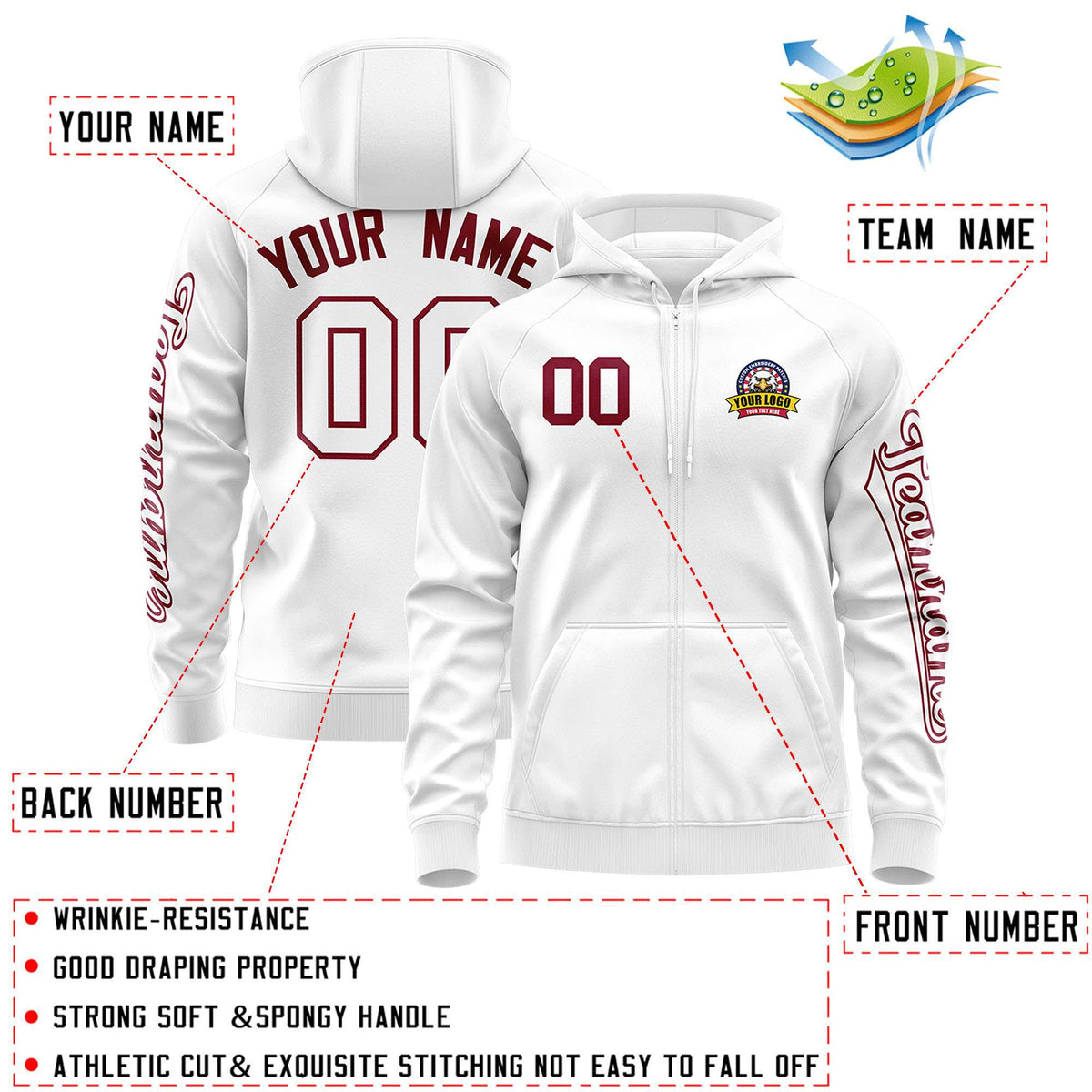 Custom White Crimson Varsity Full-Zip Letterman Classic Jacket Hoodie| KXKSHOP