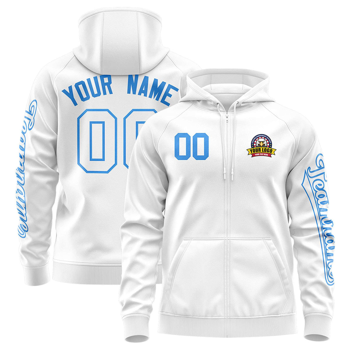 Custom White Powder Blue Varsity Full-Zip Letterman Classic Jacket Hoodie| KXKSHOP
