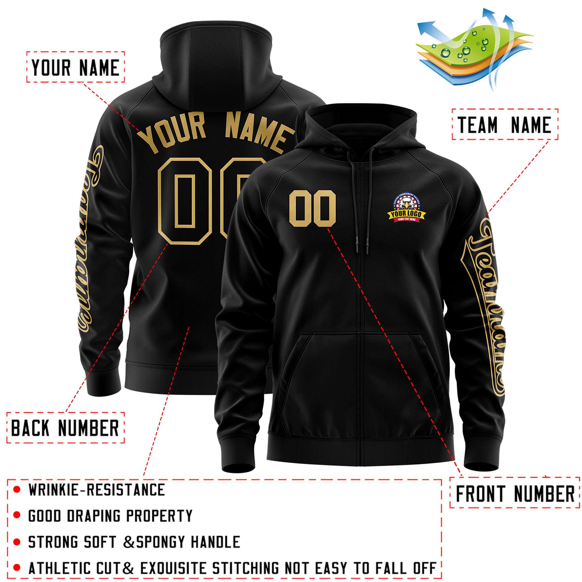Custom Black Old Gold Varsity Full-Zip Letterman Classic Jacket Hoodie| KXKSHOP