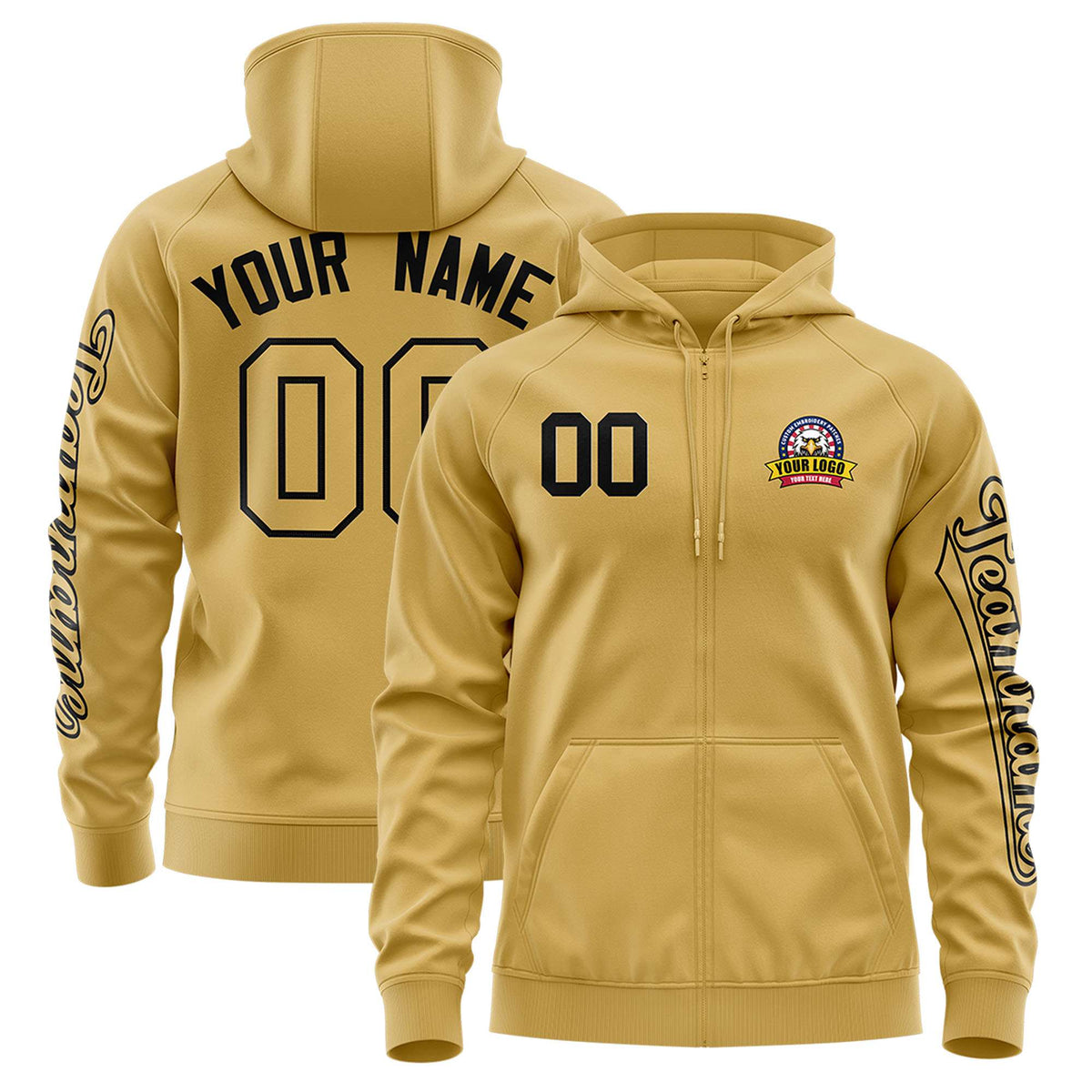 Custom Old Gold Black Varsity Full-Zip Letterman Classic Jacket Hoodie| KXKSHOP