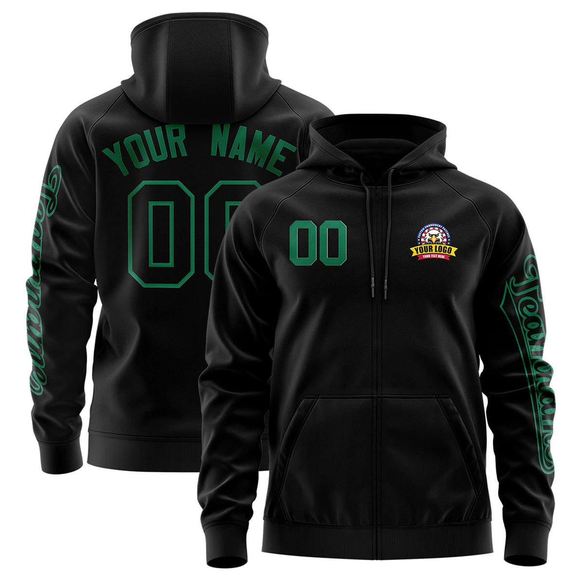 Custom Black Kelly Green Varsity Full-Zip Letterman Classic Jacket Hoodie| KXKSHOP