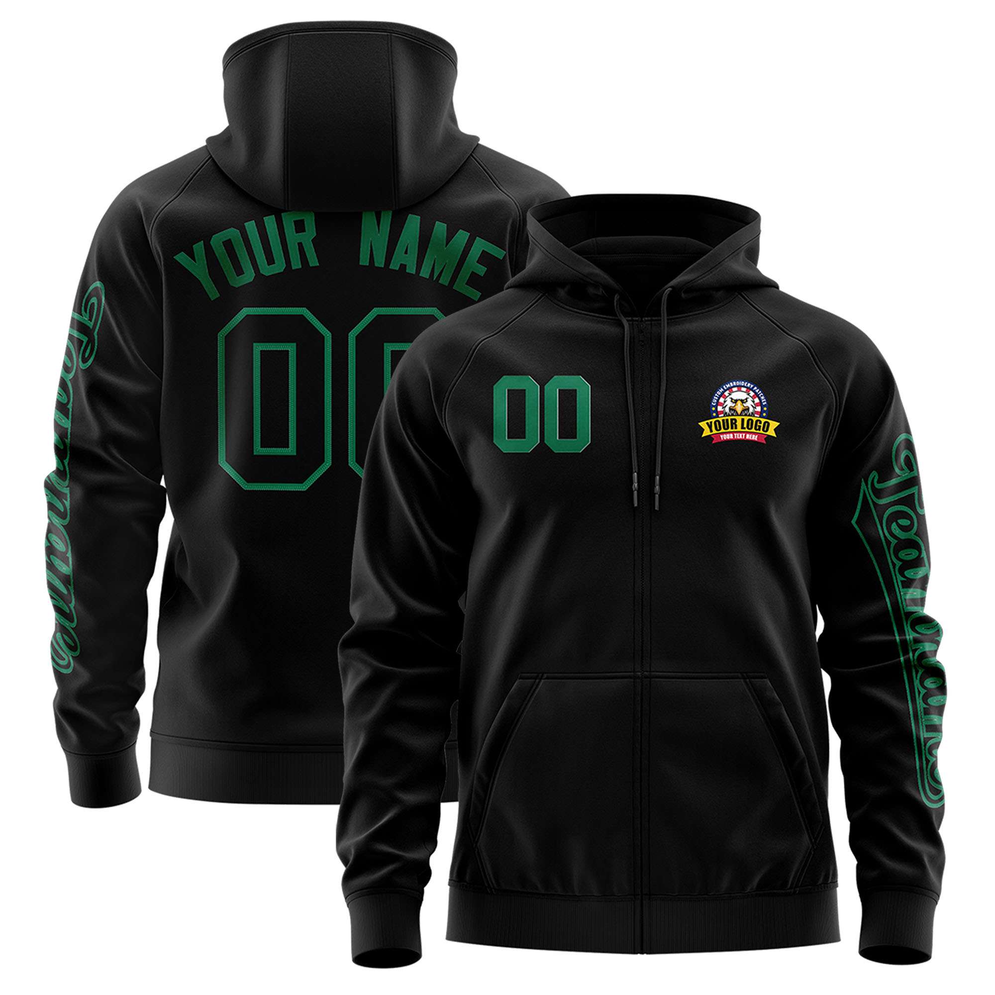 Custom Black Kelly Green Varsity Full-Zip Letterman Classic Jacket Hoodie| KXKSHOP