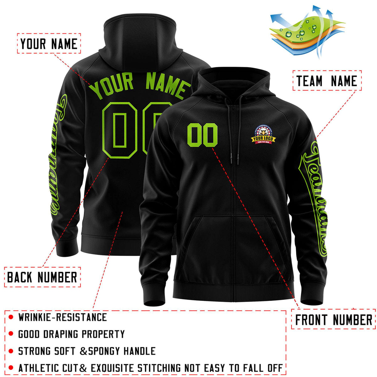 Custom Black Neon Green Varsity Full-Zip Letterman Classic Jacket Hoodie| KXKSHOP