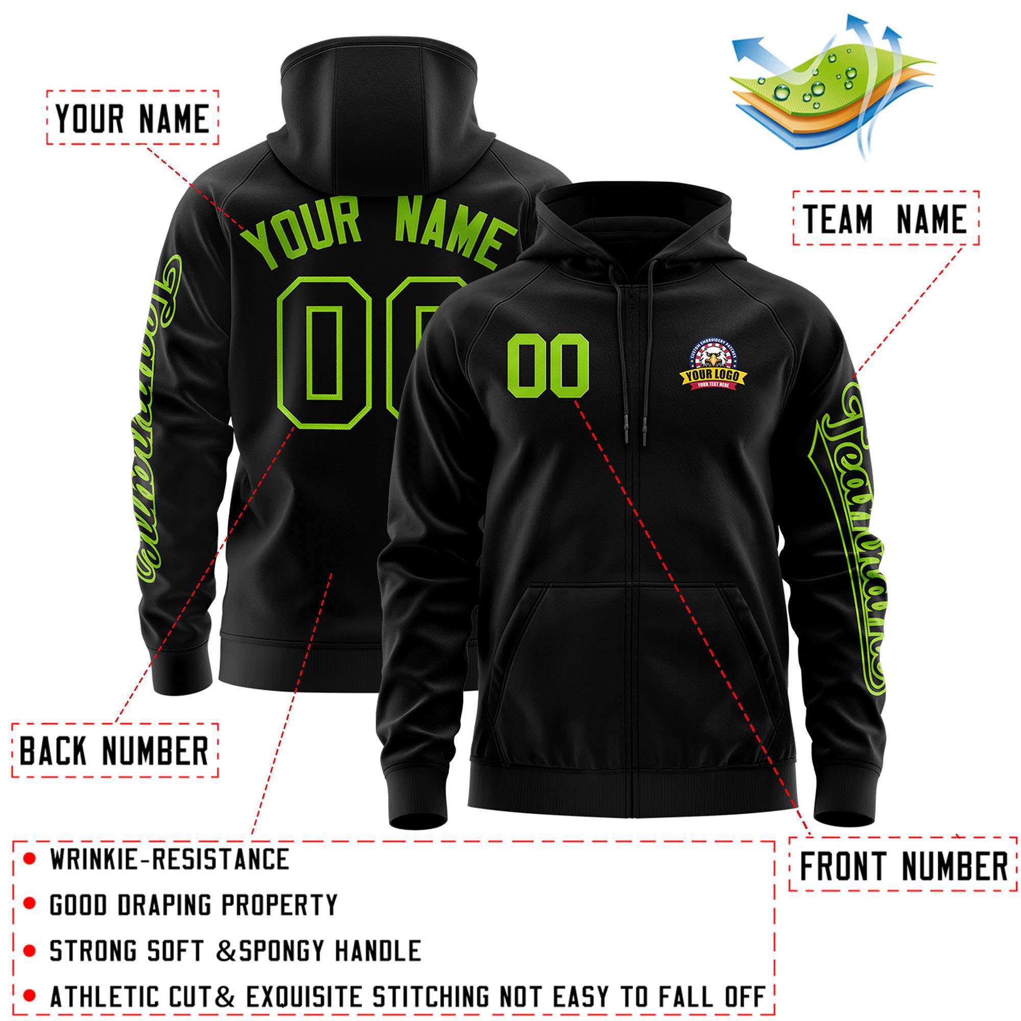 Custom Black Neon Green Varsity Full-Zip Letterman Classic Jacket Hoodie| KXKSHOP