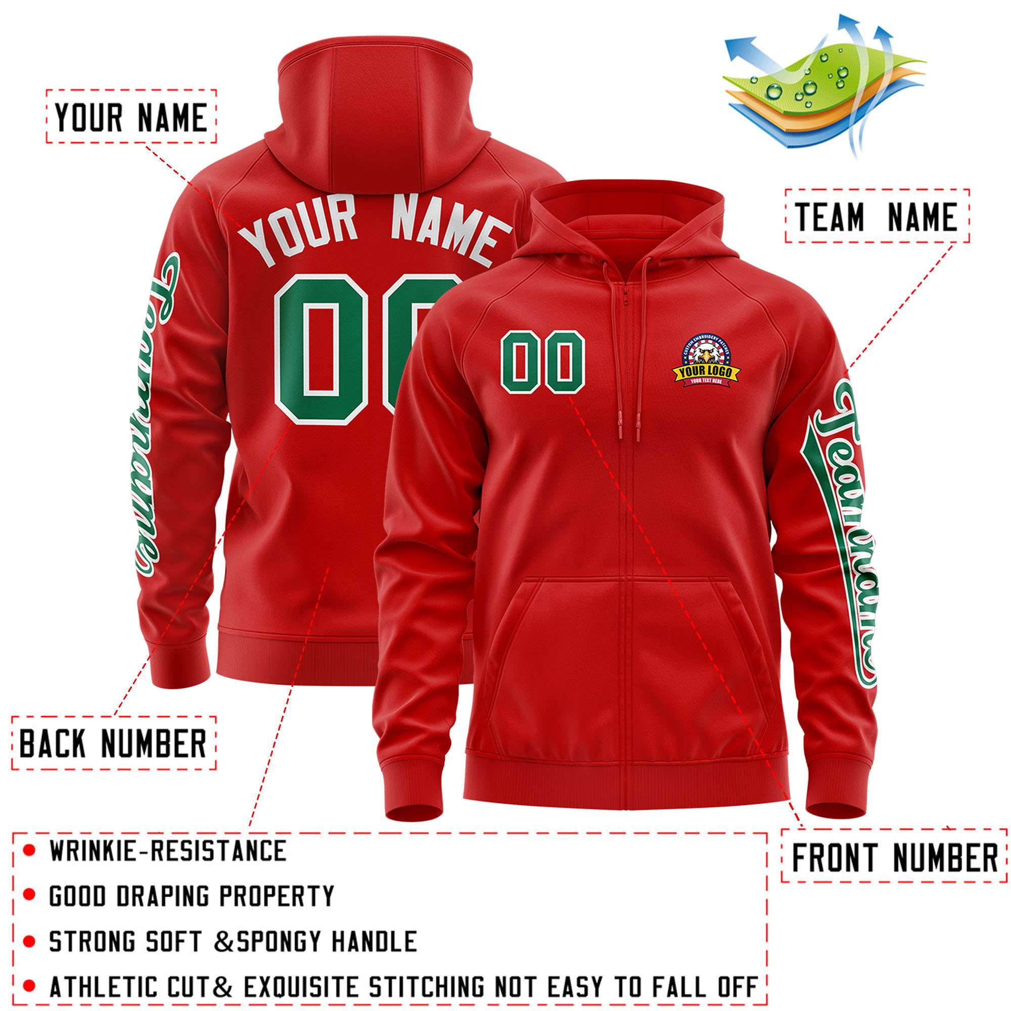 Custom Red Kelly Green Varsity Full-Zip Letterman Classic Jacket Hoodie| KXKSHOP