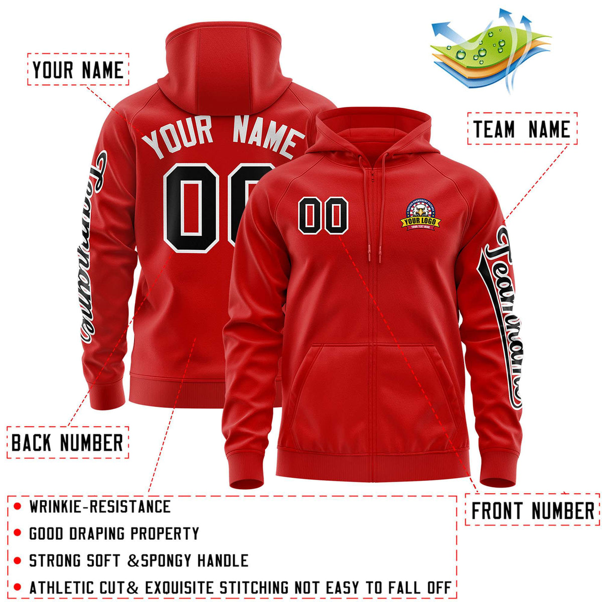 Custom Red Black Varsity Full-Zip Letterman Classic Jacket Hoodie| KXKSHOP