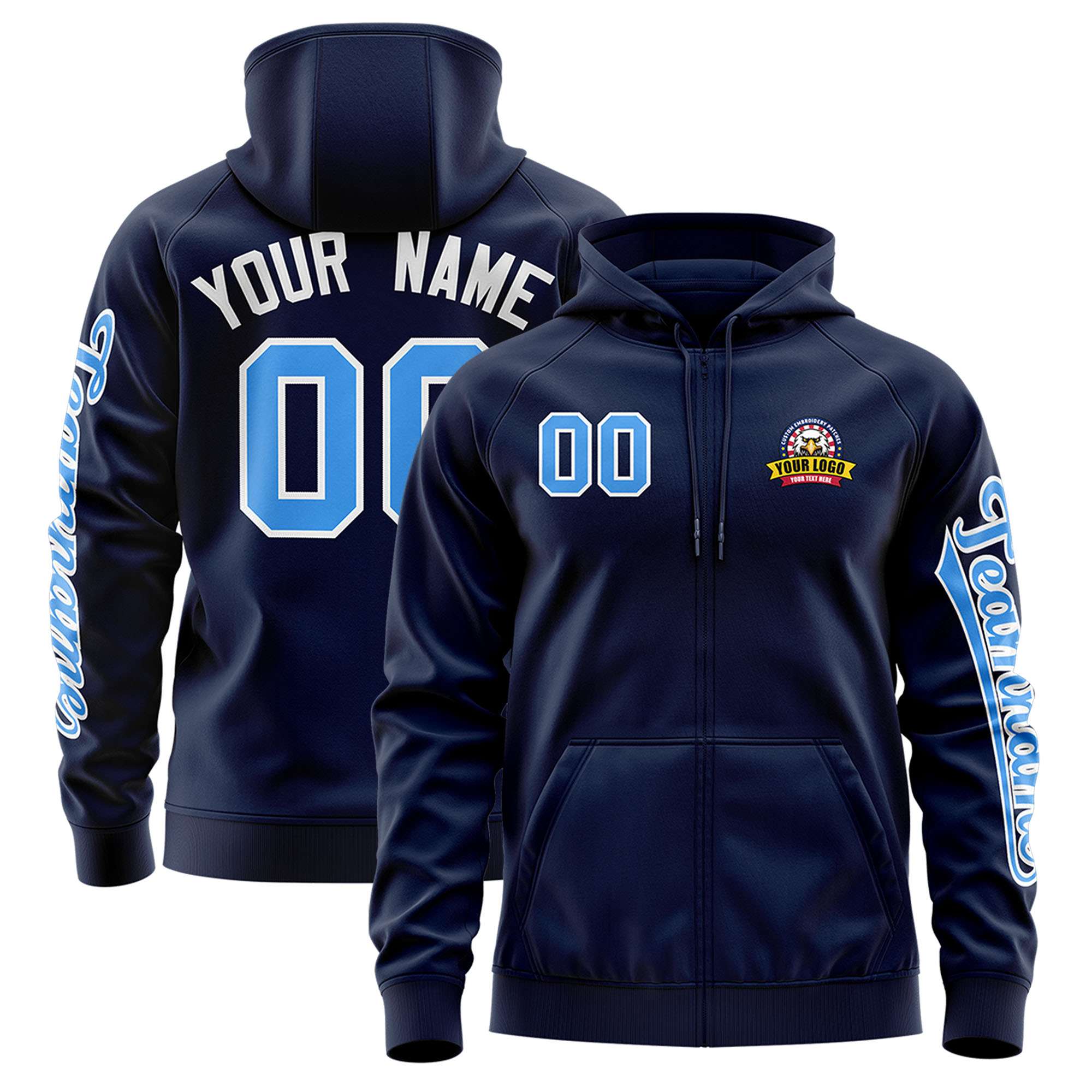 Custom Navy Powder Blue Varsity Full-Zip Letterman Classic Jacket Hoodie| KXKSHOP