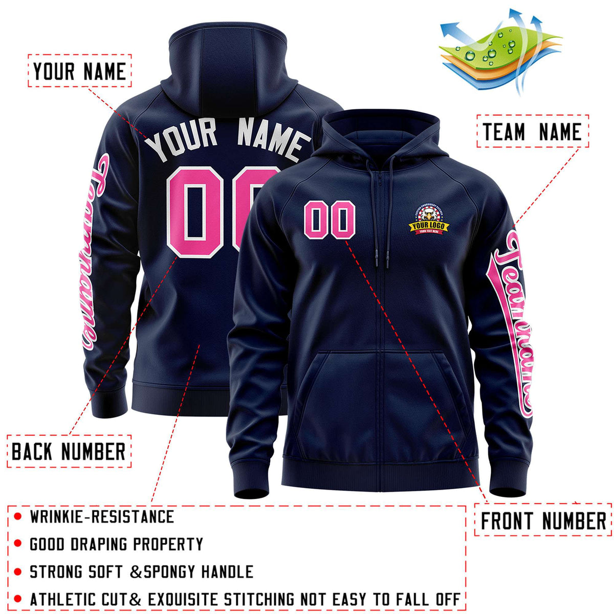 Custom Navy Pink Varsity Full-Zip Letterman Classic Jacket Hoodie| KXKSHOP