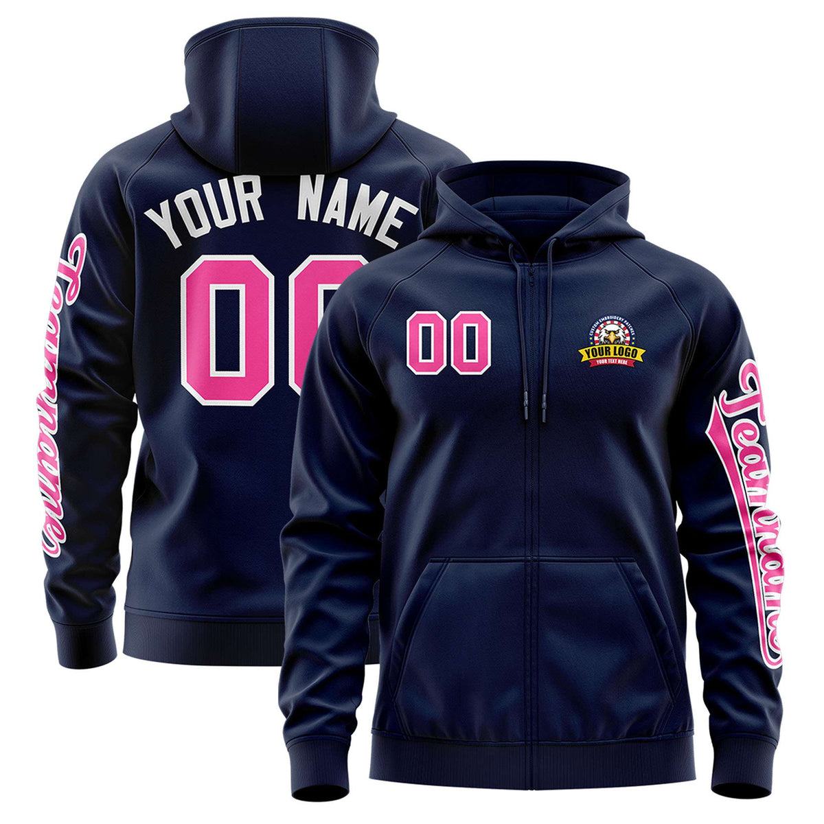Custom Navy Pink Varsity Full-Zip Letterman Classic Jacket Hoodie| KXKSHOP