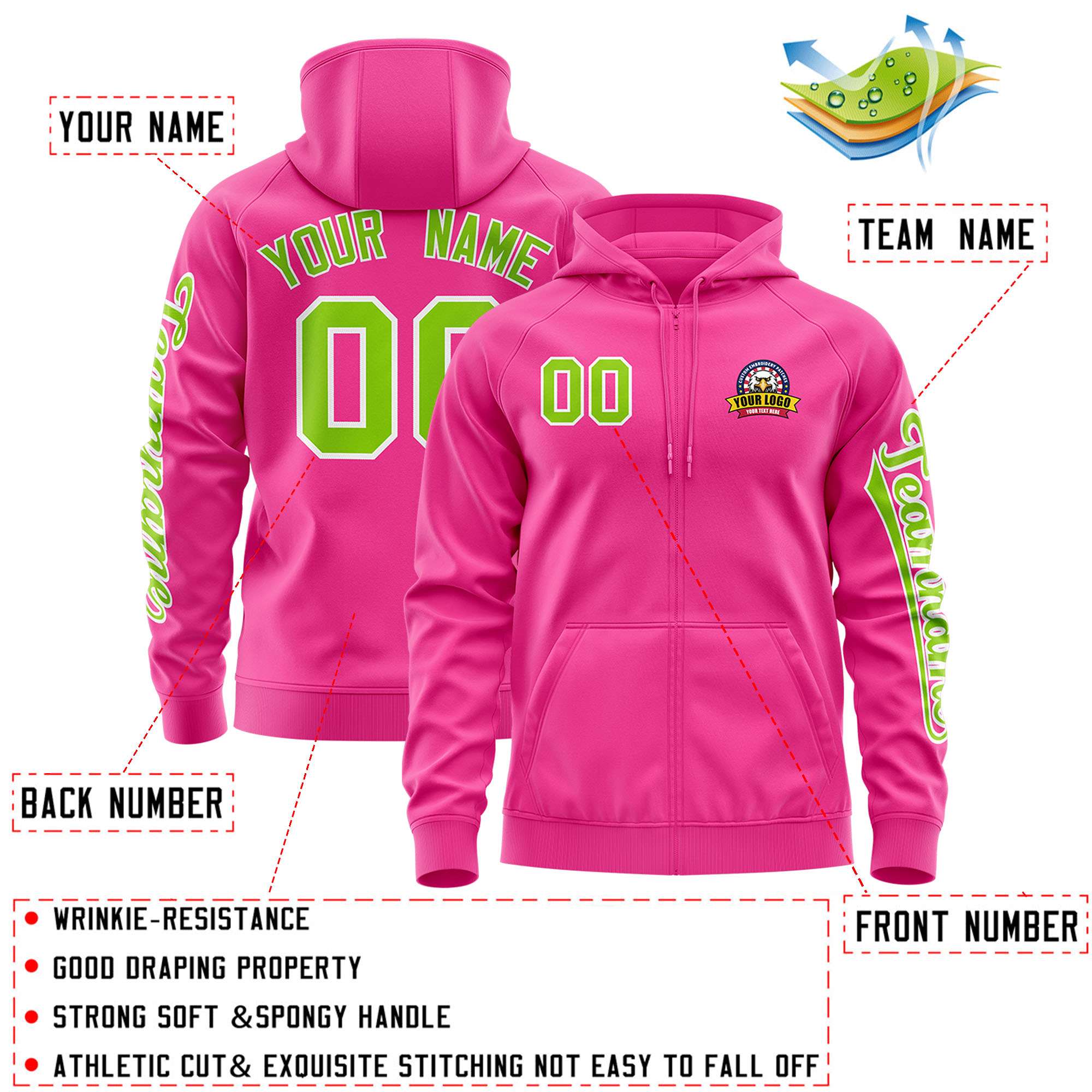 Custom Pink Neon Green Varsity Full-Zip Letterman Classic Jacket Hoodie| KXKSHOP
