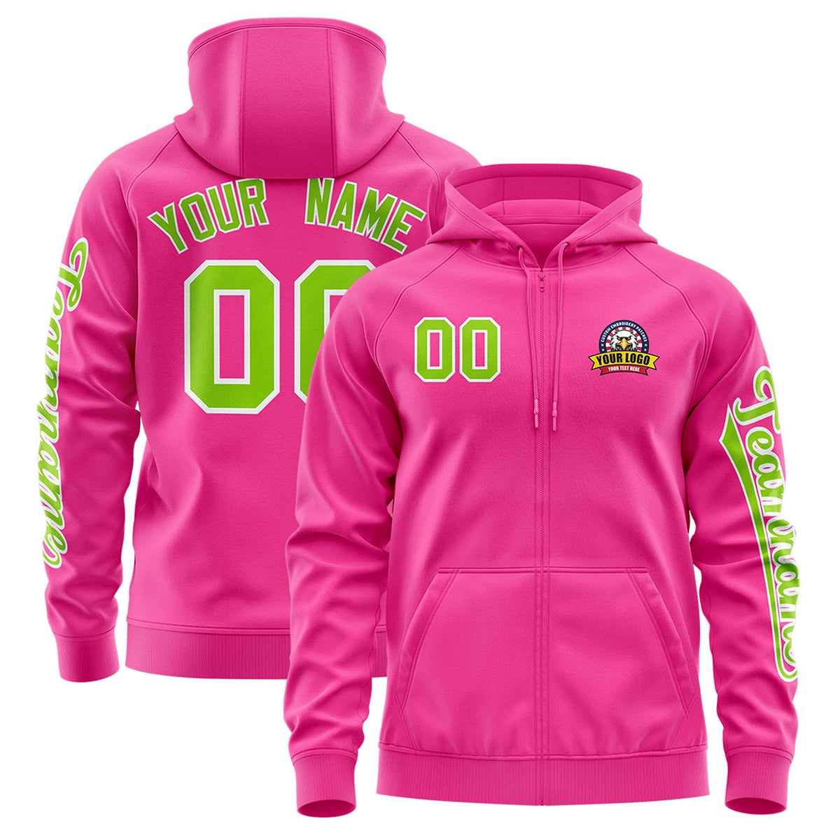 Custom Pink Neon Green Varsity Full-Zip Letterman Classic Jacket Hoodie| KXKSHOP