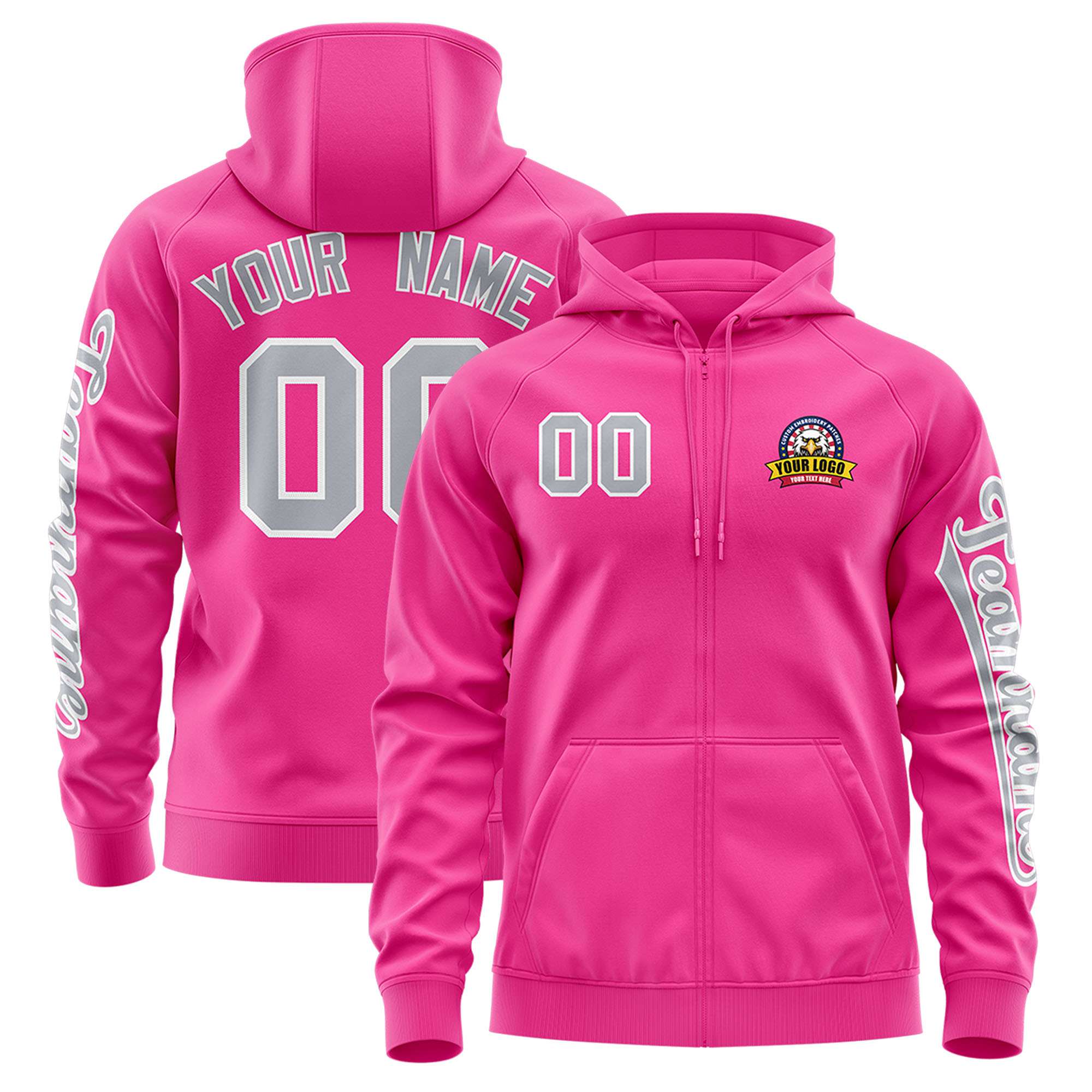 Custom Pink Gray Varsity Full-Zip Letterman Classic Jacket Hoodie| KXKSHOP