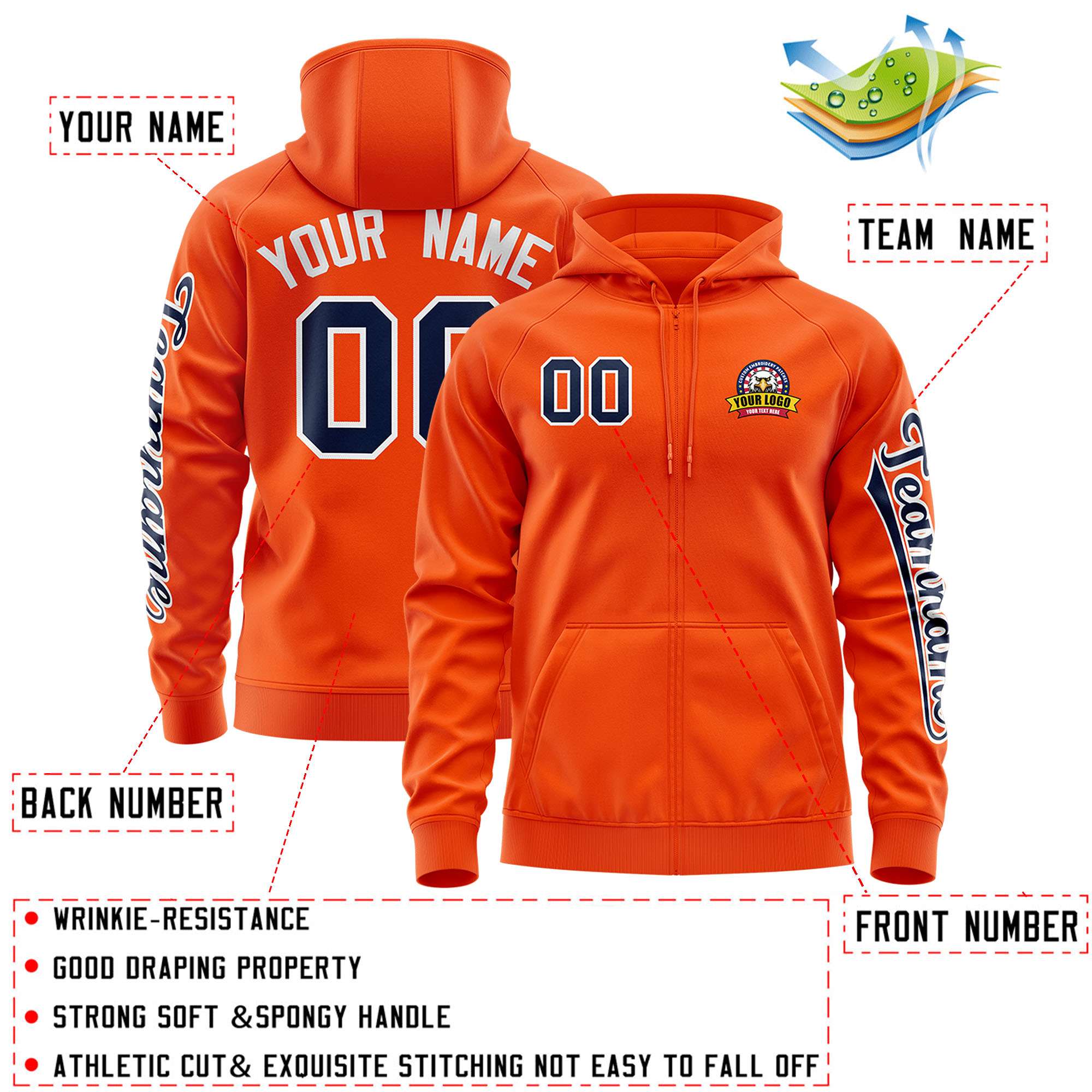 Custom Orange Navy Varsity Full-Zip Letterman Classic Jacket Hoodie| KXKSHOP