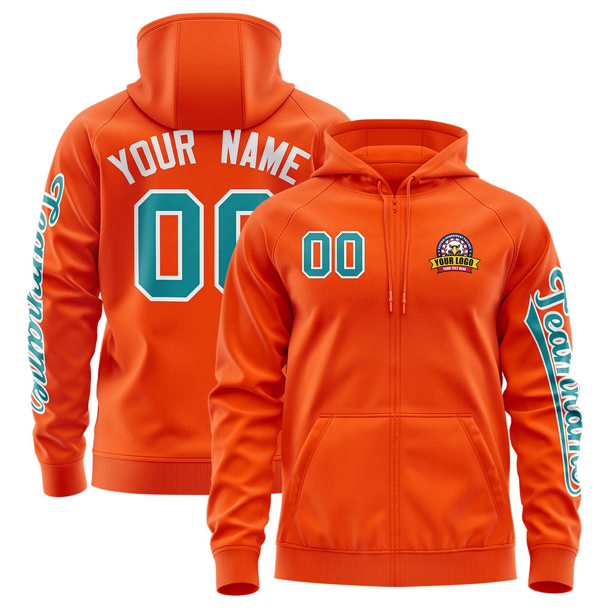 Custom Orange Aqua Varsity Full-Zip Letterman Classic Jacket Hoodie| KXKSHOP