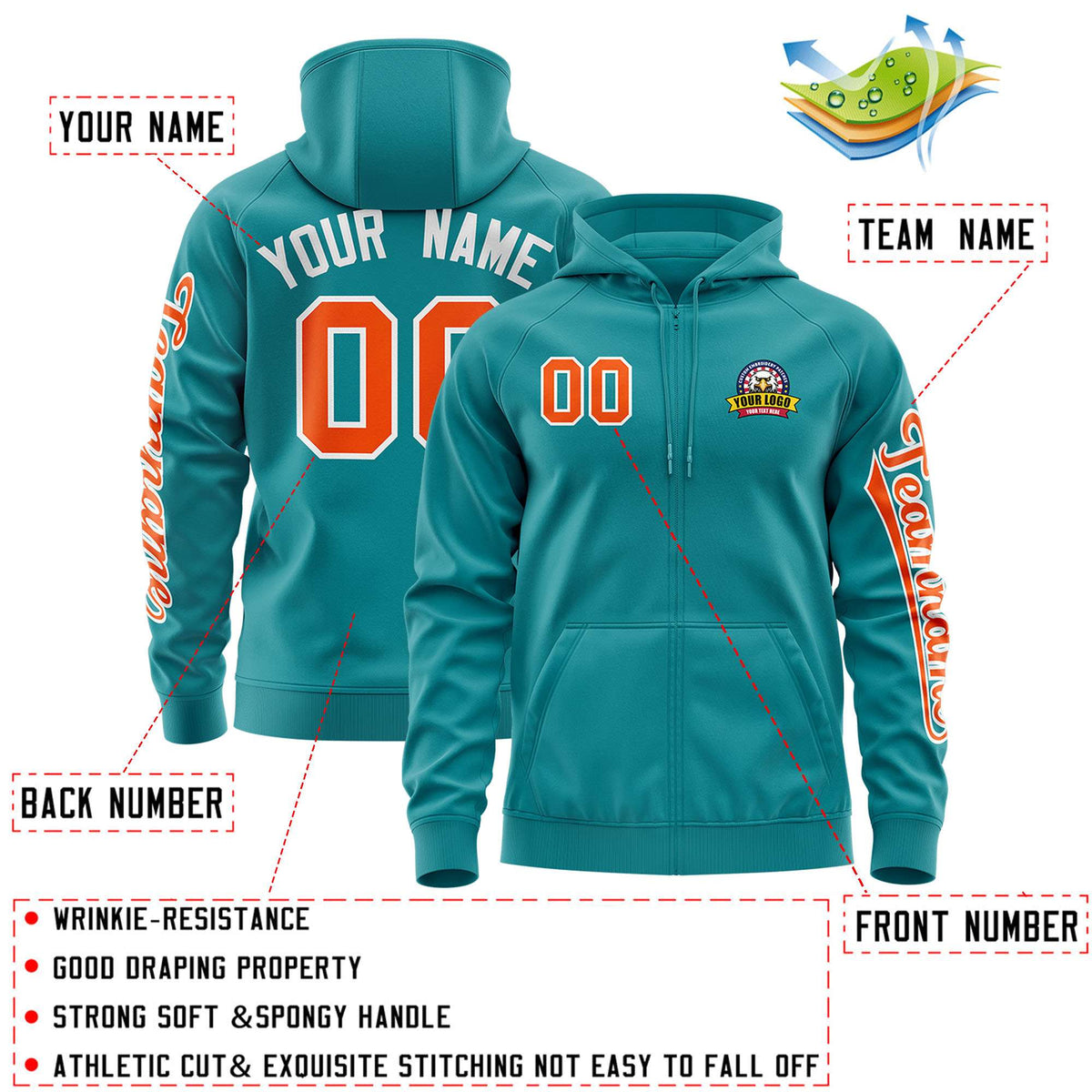 Custom Aqua Orange Varsity Full-Zip Letterman Classic Jacket Hoodie| KXKSHOP