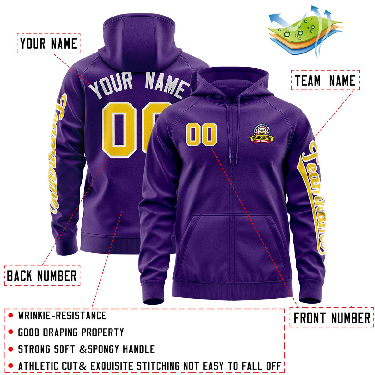 Custom Purple Gold Varsity Full-Zip Letterman Classic Jacket Hoodie| KXKSHOP