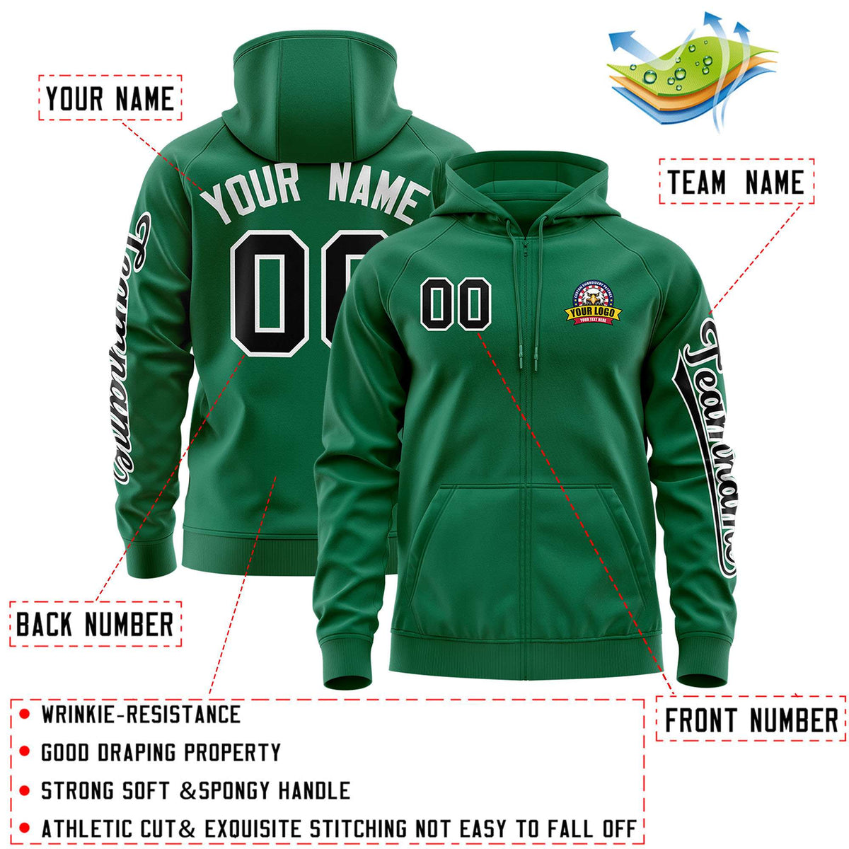 Custom Kelly Green Black Varsity Full-Zip Letterman Classic Jacket Hoodie| KXKSHOP