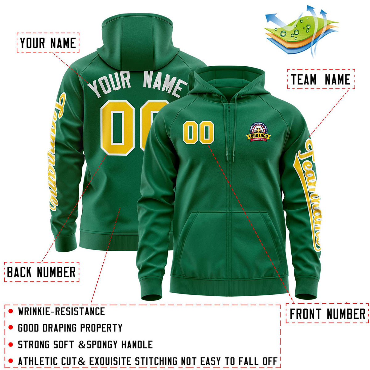 Custom Kelly Green Gold Varsity Full-Zip Letterman Classic Jacket Hoodie| KXKSHOP